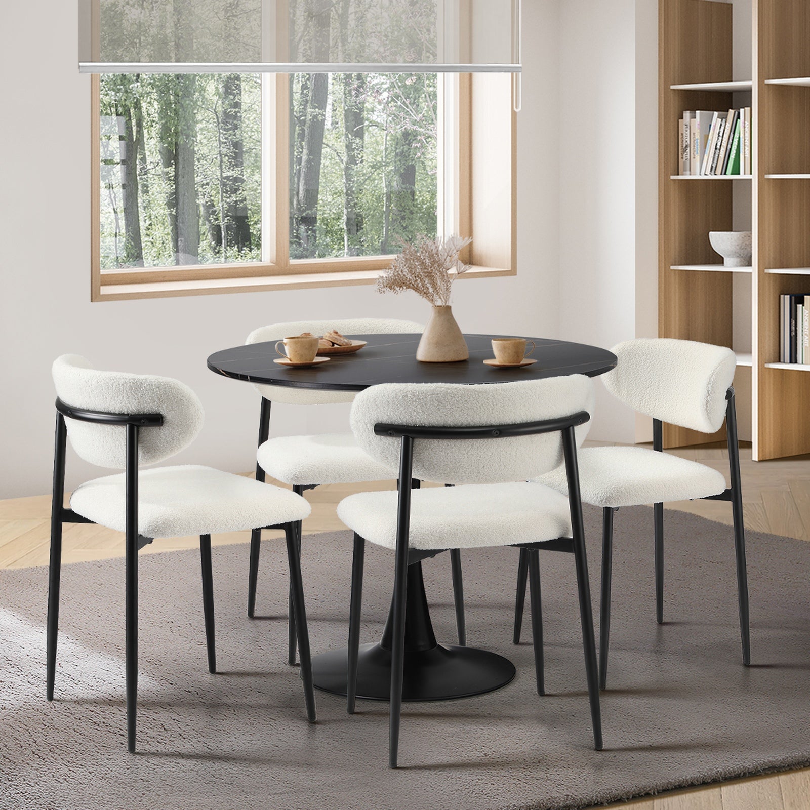 Oikiture 90cm Round Dining Table with 4x Dining Chairs Boucle Black&White - Sunyee