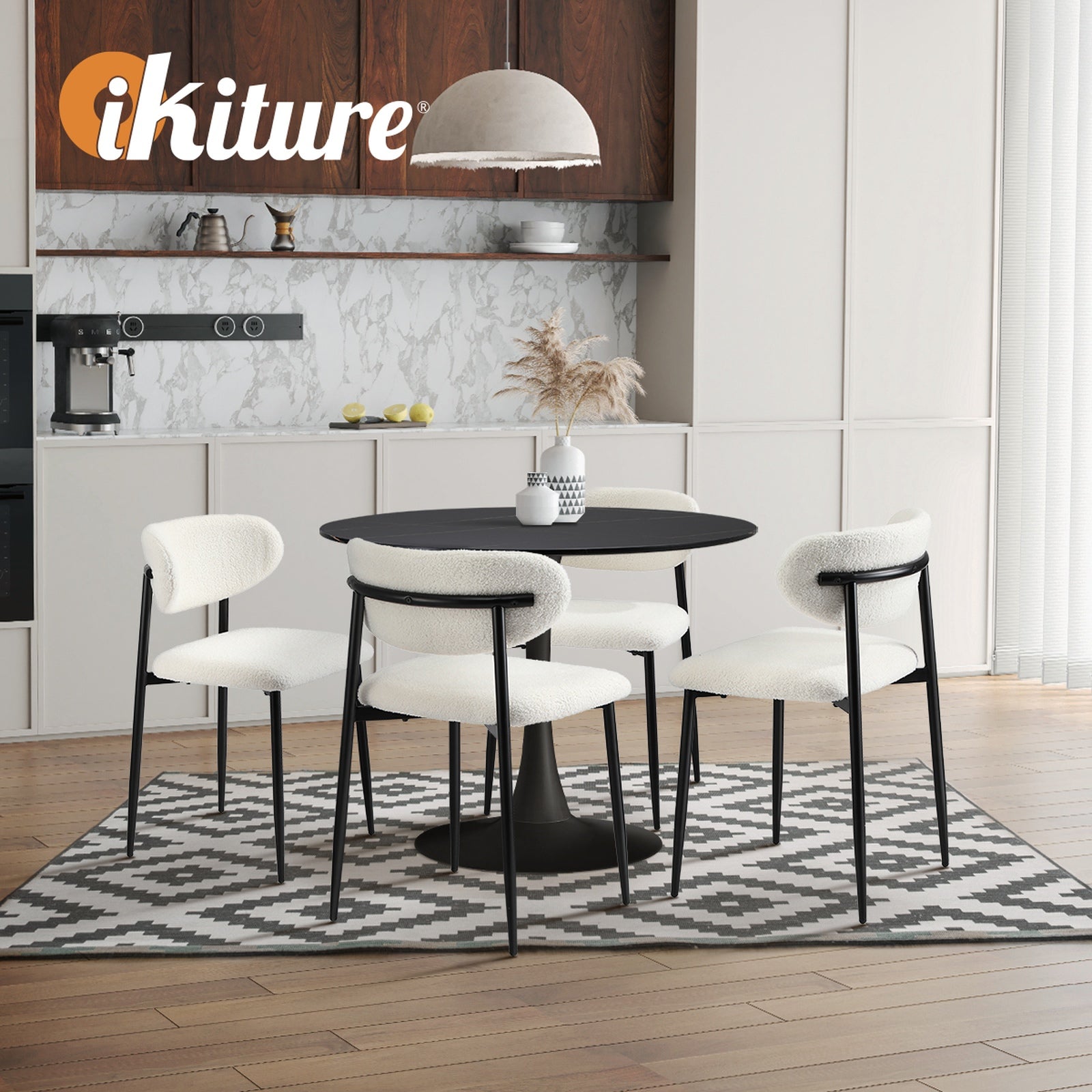 Oikiture 90cm Round Dining Table with 4x Dining Chairs Boucle Black&White - Sunyee