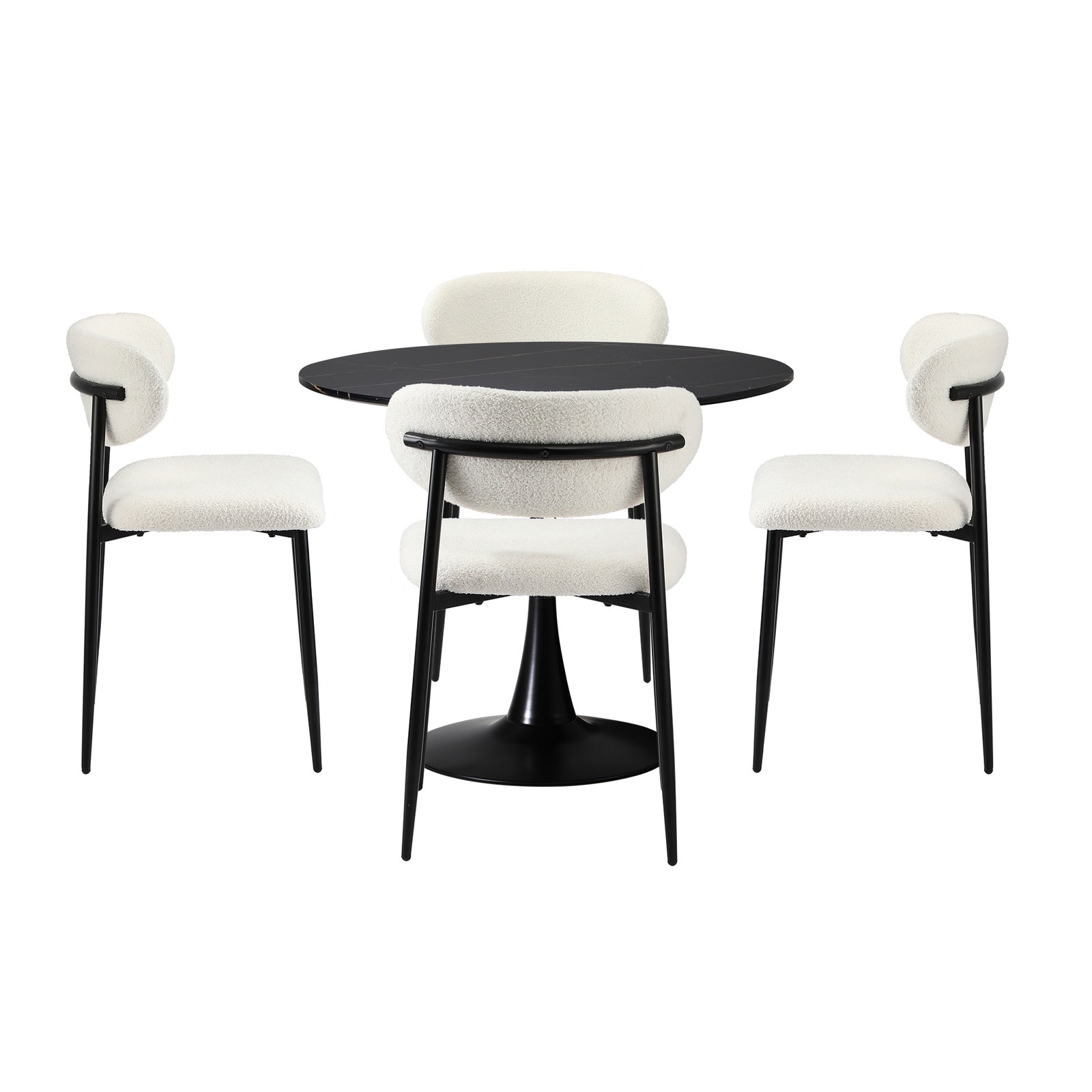 Oikiture 90cm Round Dining Table with 4x Dining Chairs Boucle Black&White - Sunyee