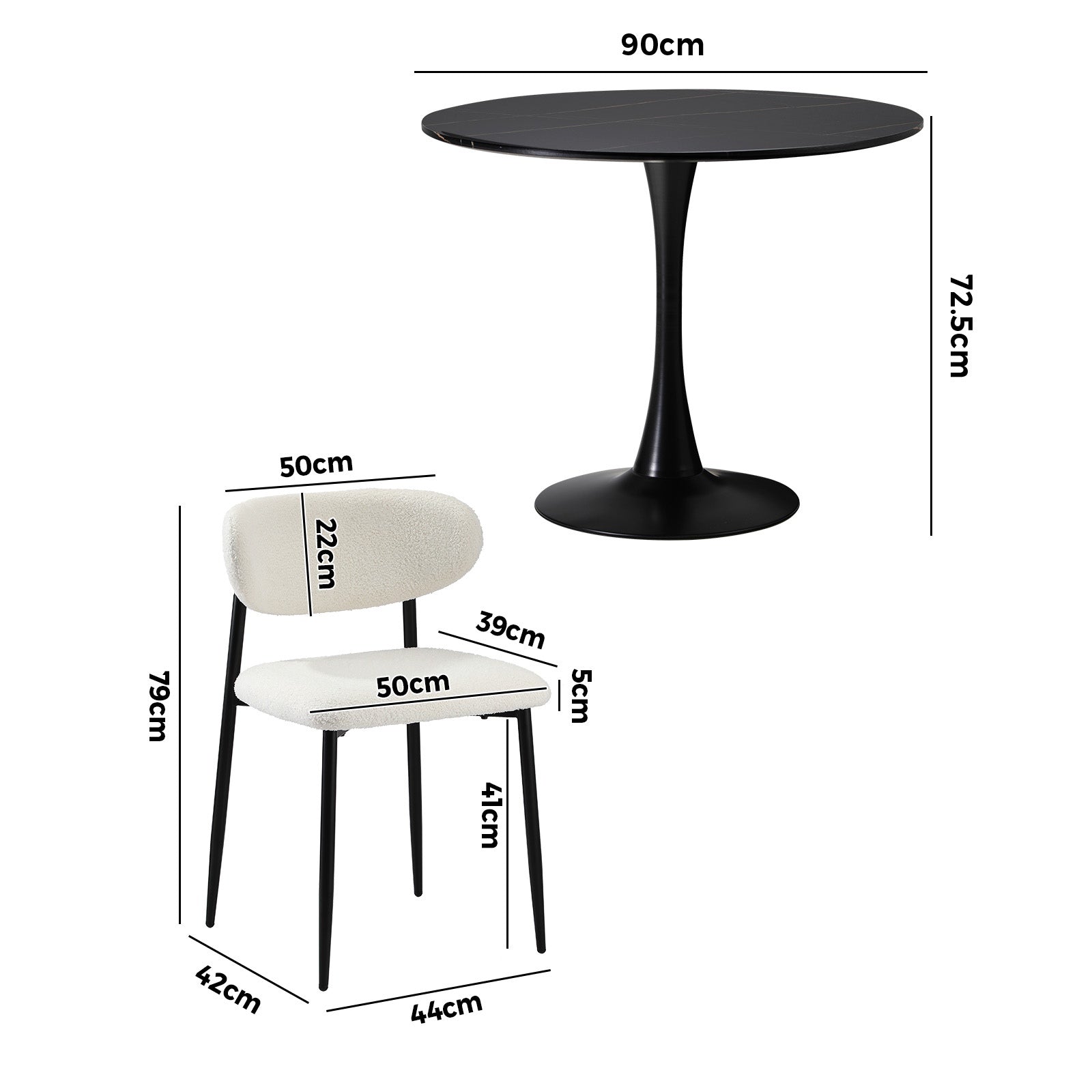 Oikiture 90cm Round Dining Table with 4x Dining Chairs Boucle Black&White - Sunyee