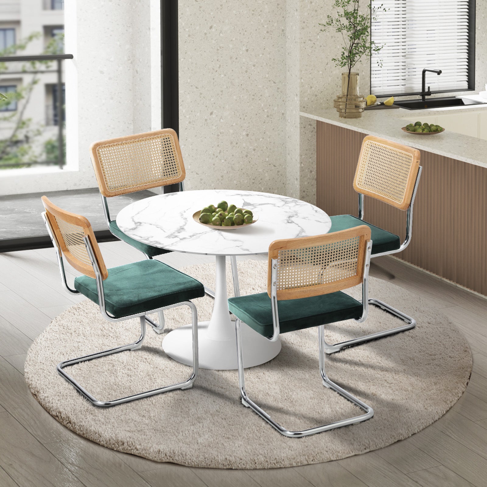 Oikiture 90cm Round Dining Table with 4PCS Dining Chairs Velvet White&Green - Sunyee