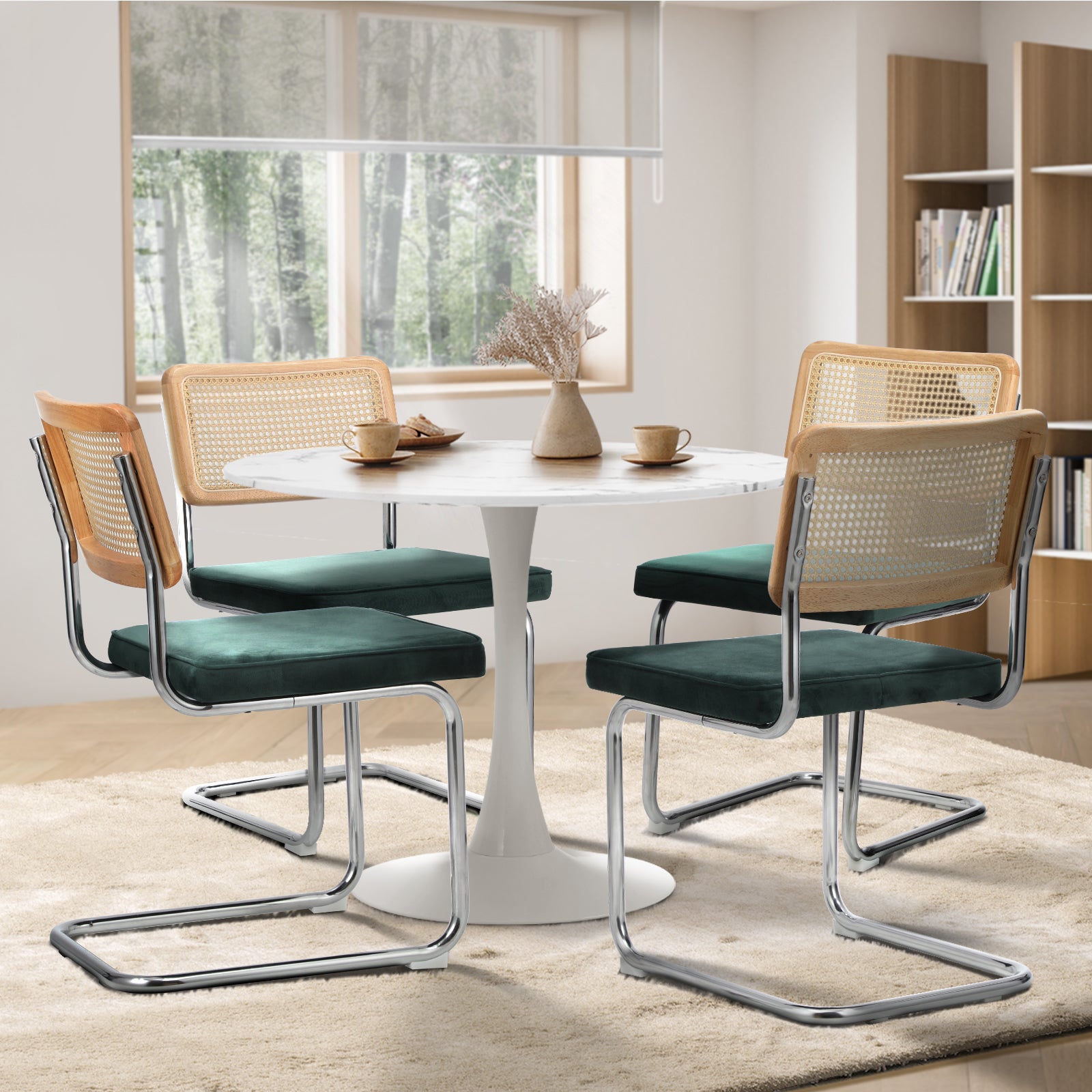 Oikiture 90cm Round Dining Table with 4PCS Dining Chairs Velvet White&Green - Sunyee