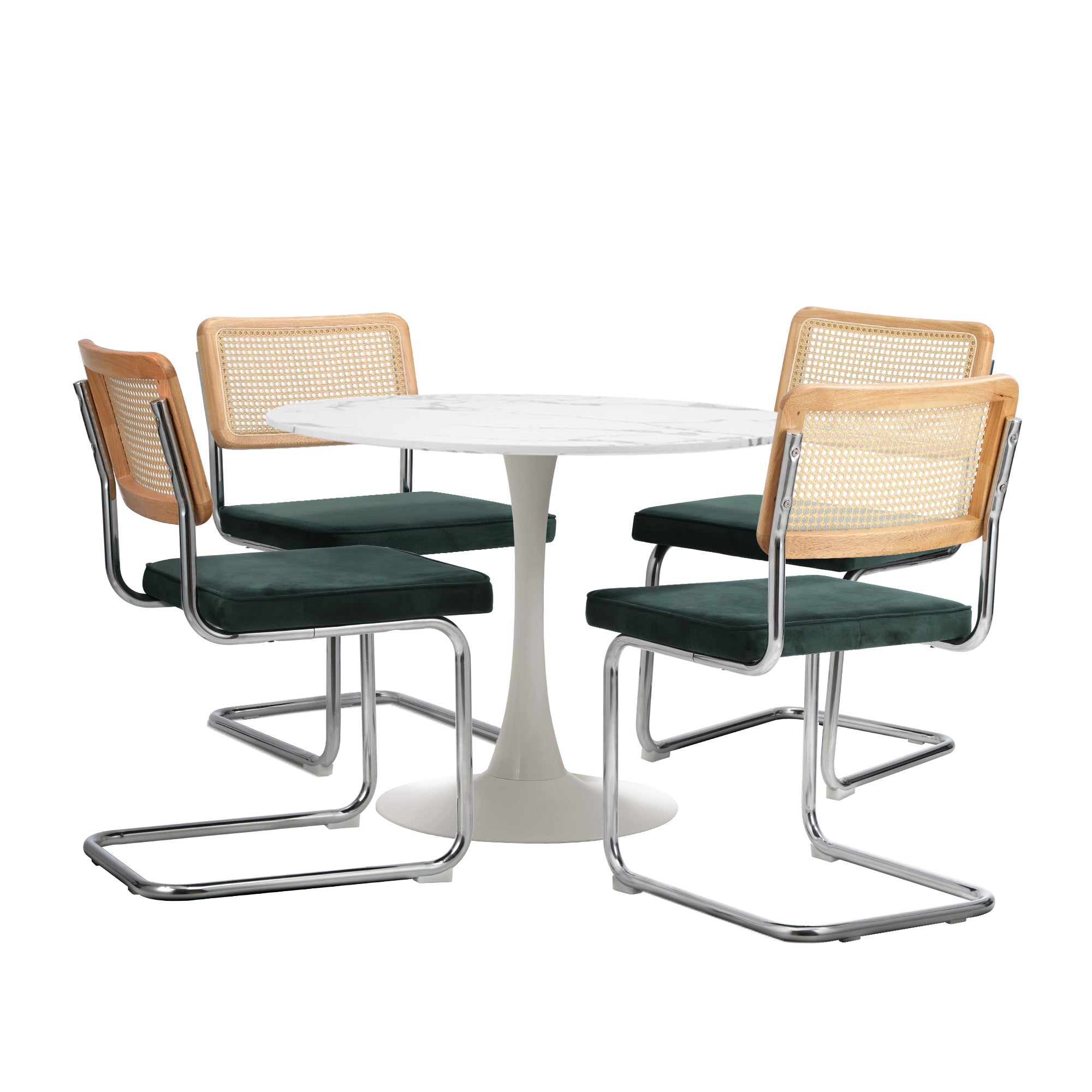 Oikiture 90cm Round Dining Table with 4PCS Dining Chairs Velvet White&Green - Sunyee