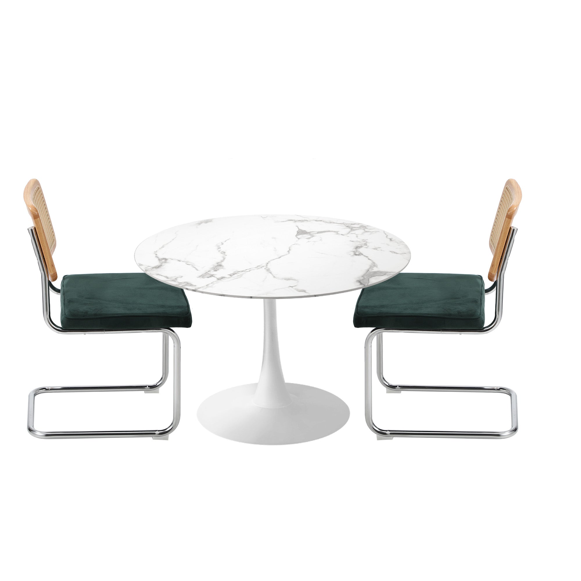 Oikiture 90cm Round Dining Table with 4PCS Dining Chairs Velvet White&Green - Sunyee