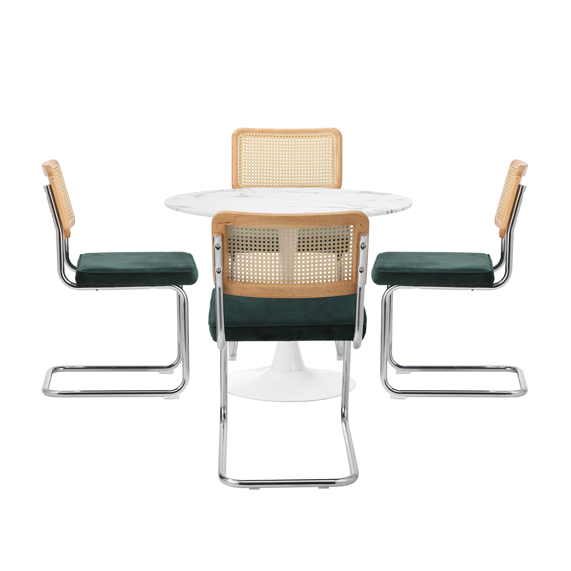 Oikiture 90cm Round Dining Table with 4PCS Dining Chairs Velvet White&Green - Sunyee