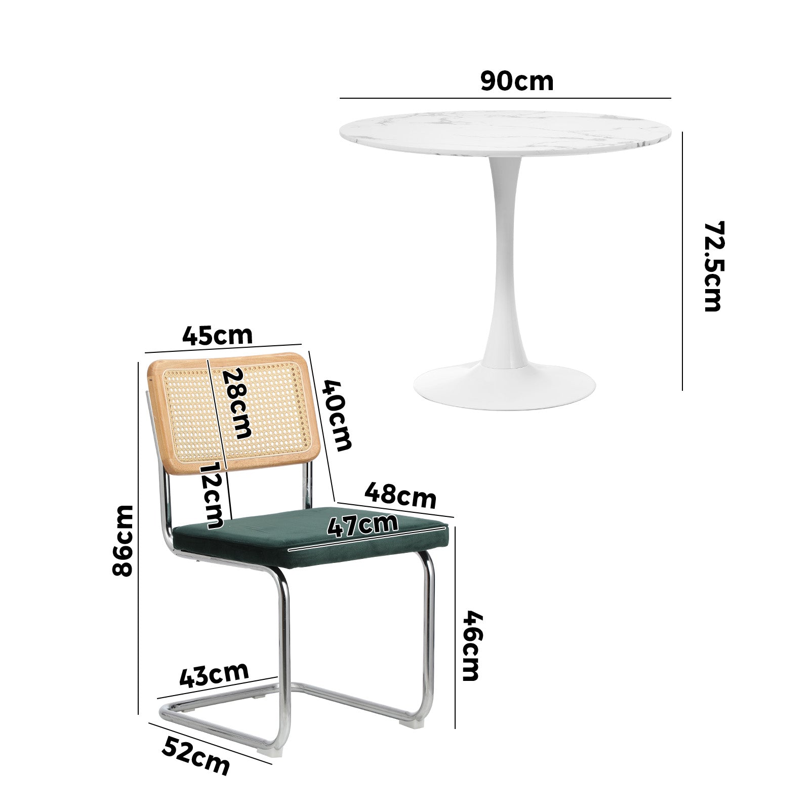 Oikiture 90cm Round Dining Table with 4PCS Dining Chairs Velvet White&Green - Sunyee