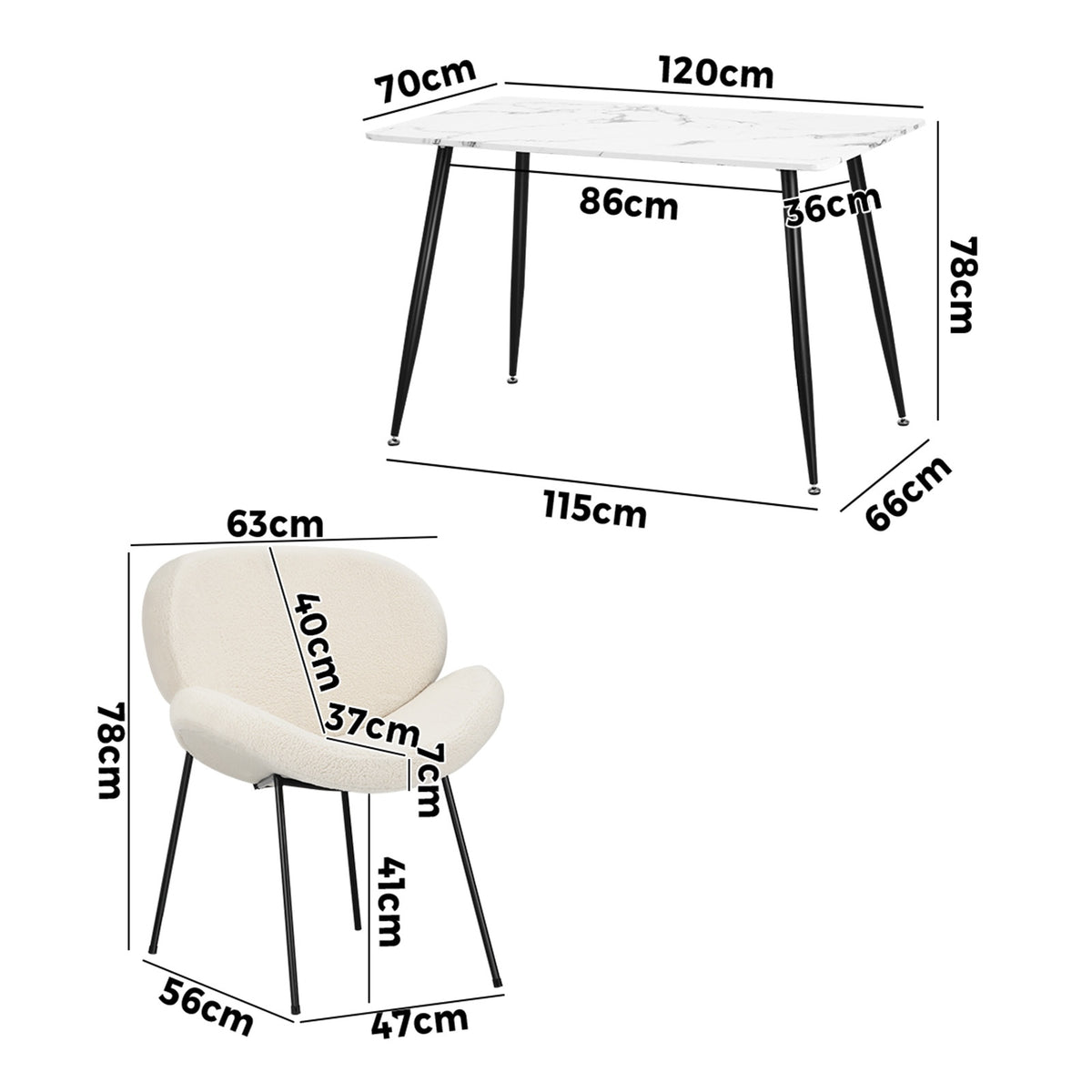 Oikiture 120cm Rectangle Dining Table with 4PCS Dining Chairs Sherpa White - Sunyee