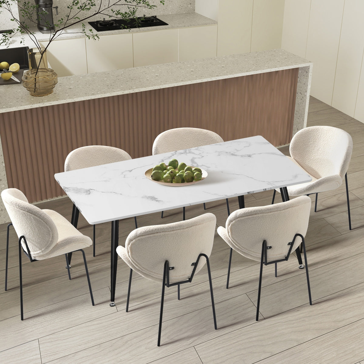 Oikiture 120cm Rectangle Dining Table with 6PCS Dining Chairs Sherpa White - Sunyee
