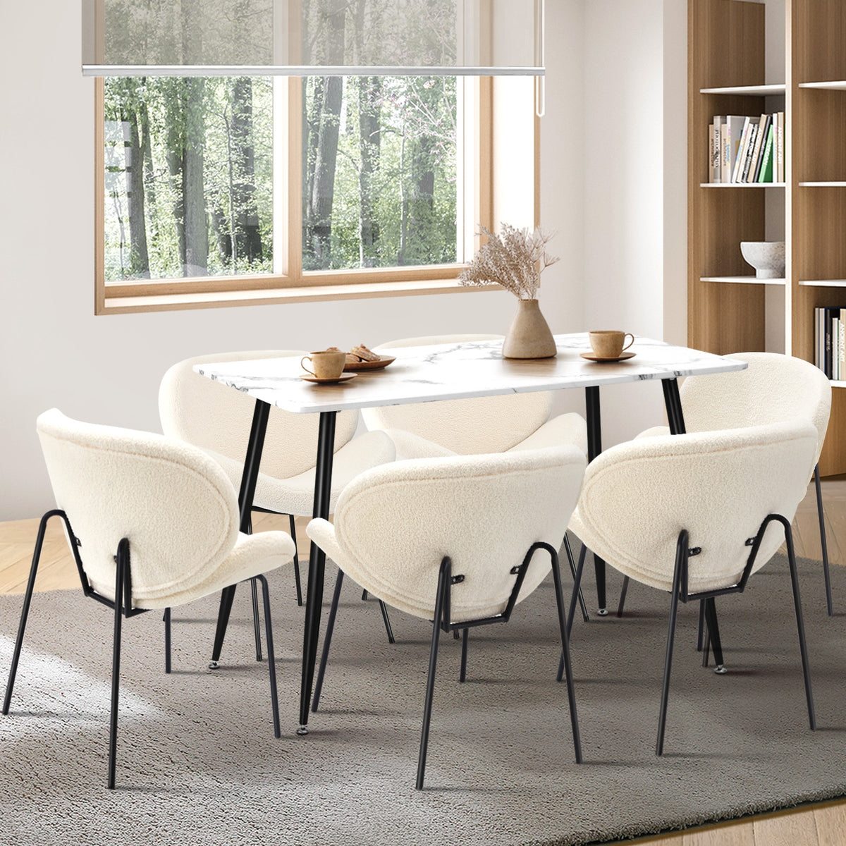 Oikiture 120cm Rectangle Dining Table with 6PCS Dining Chairs Sherpa White - Sunyee