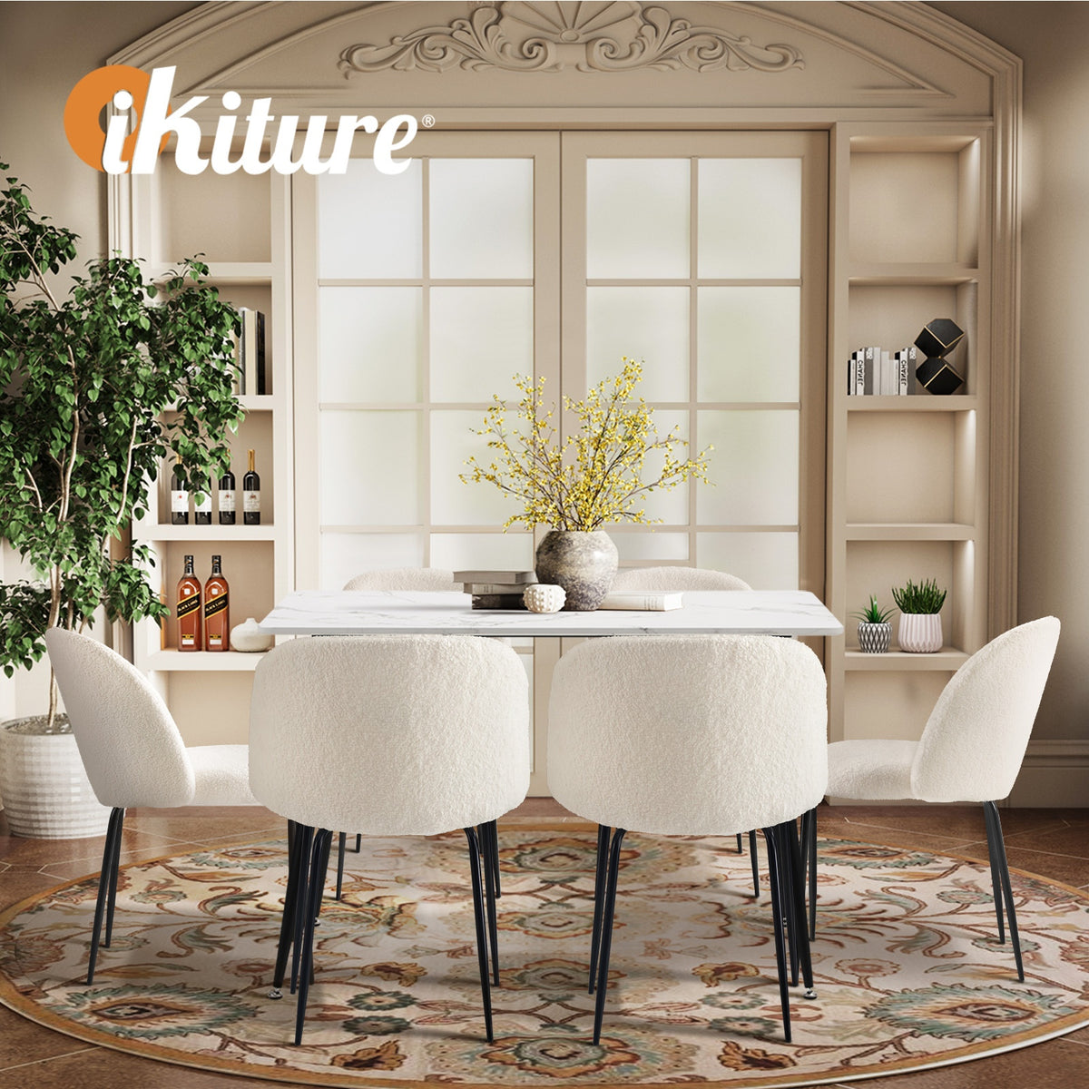 Oikiture 120cm Rectangle Dining Table with 6PCS Dining Chairs Sherpa White - Sunyee