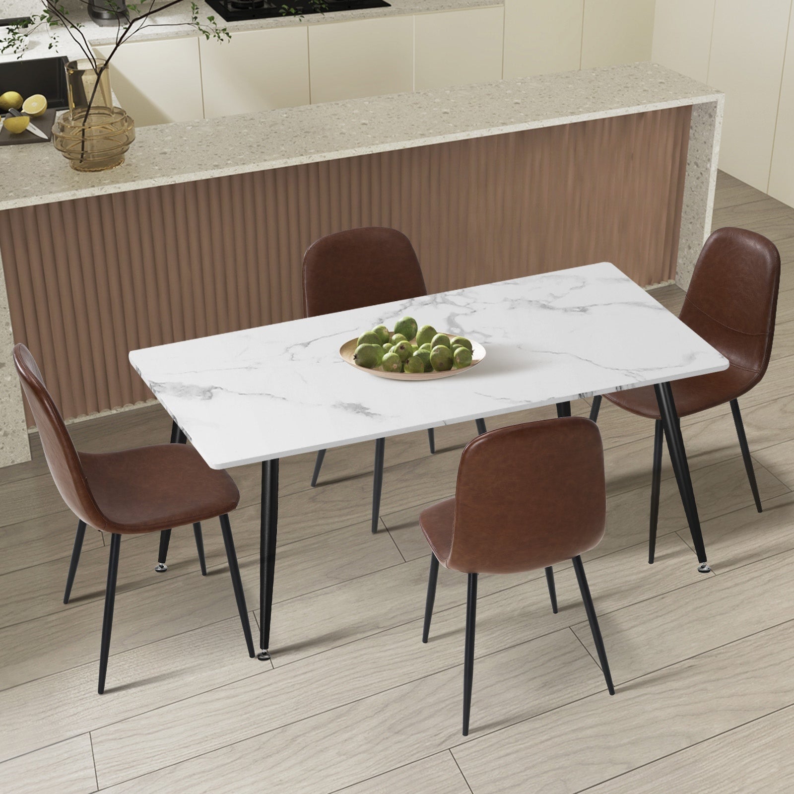 Oikiture 120cm Rectangle Dining Table with 4PCS Dining Chairs PU Brown - Sunyee