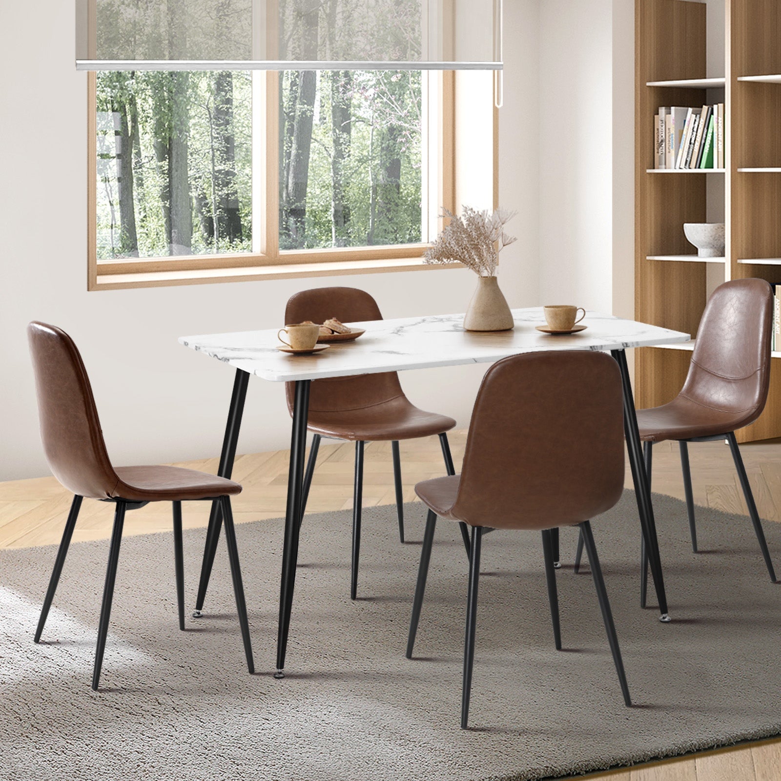 Oikiture 120cm Rectangle Dining Table with 4PCS Dining Chairs PU Brown - Sunyee