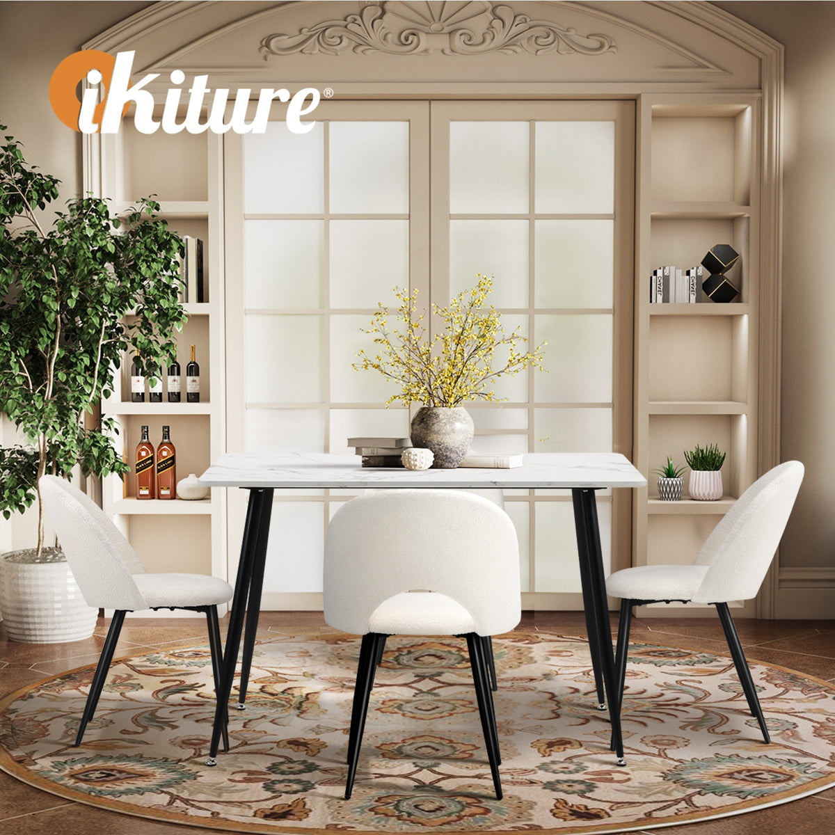 Oikiture 120cm Rectangle Dining Table with 4PCS Dining Chairs Sherpa White - Sunyee