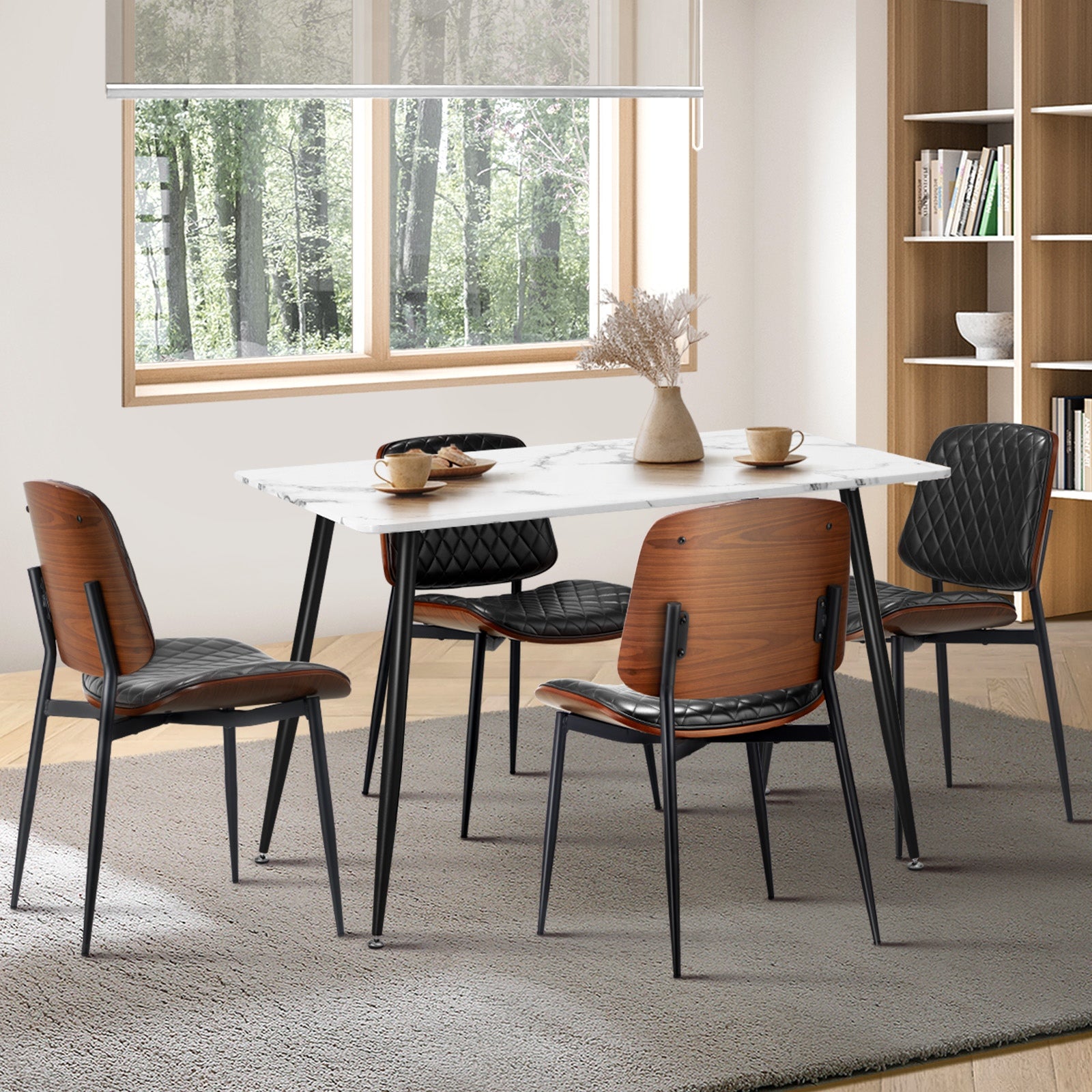 Oikiture 120cm Rectangle Dining Table with 4PCS Dining Chairs PU Black - Sunyee