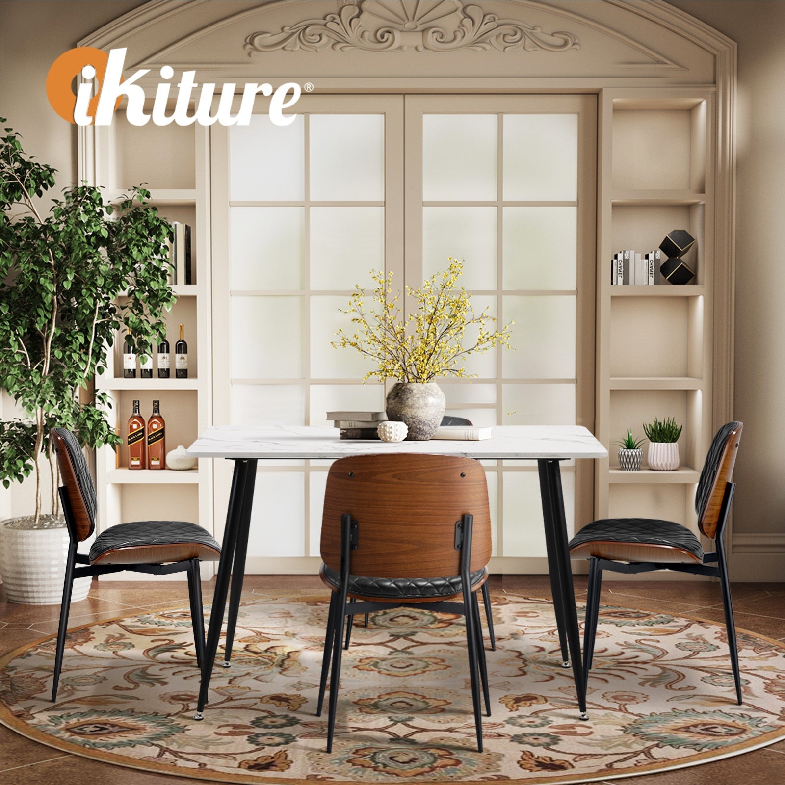 Oikiture 120cm Rectangle Dining Table with 4PCS Dining Chairs PU Black - Sunyee
