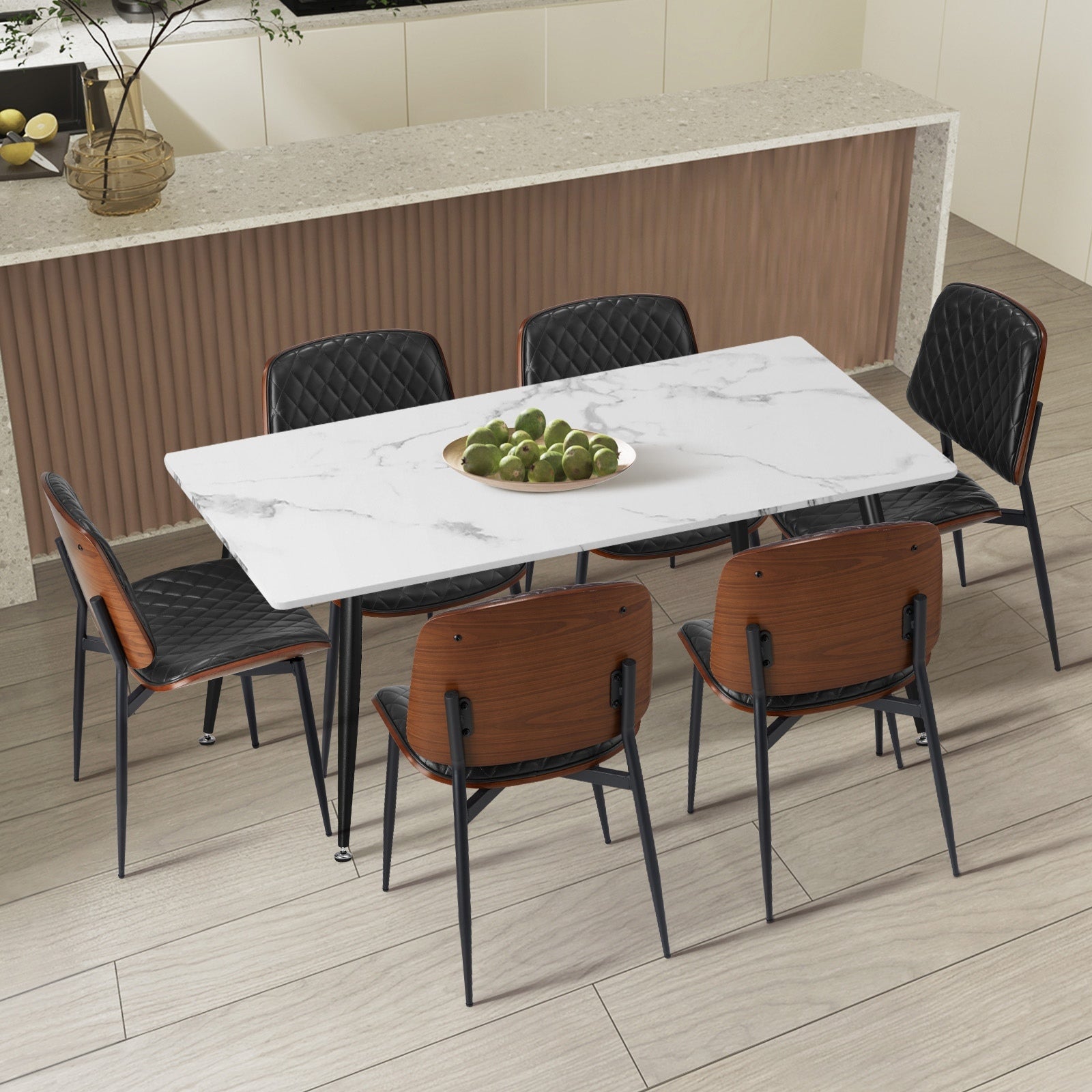Oikiture 120cm Rectangle Dining Table with 6PCS Dining Chairs PU Black - Sunyee
