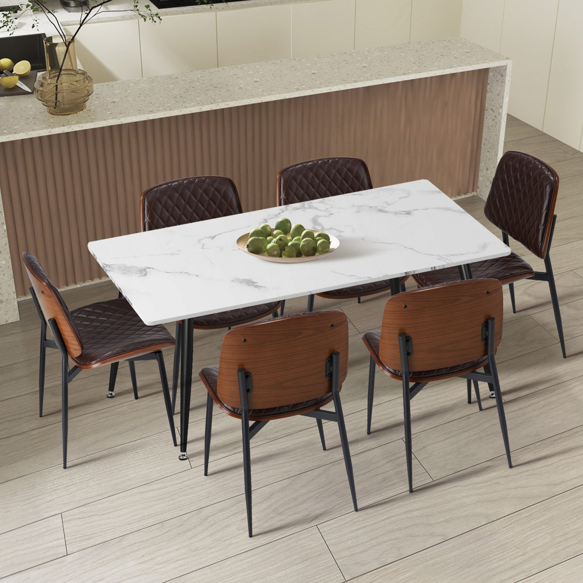Oikiture 120cm Rectangle Dining Table with 6PCS Dining Chairs PU Walnut - Sunyee