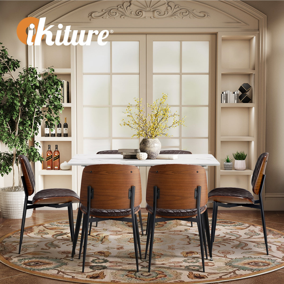 Oikiture 120cm Rectangle Dining Table with 6PCS Dining Chairs PU Walnut - Sunyee