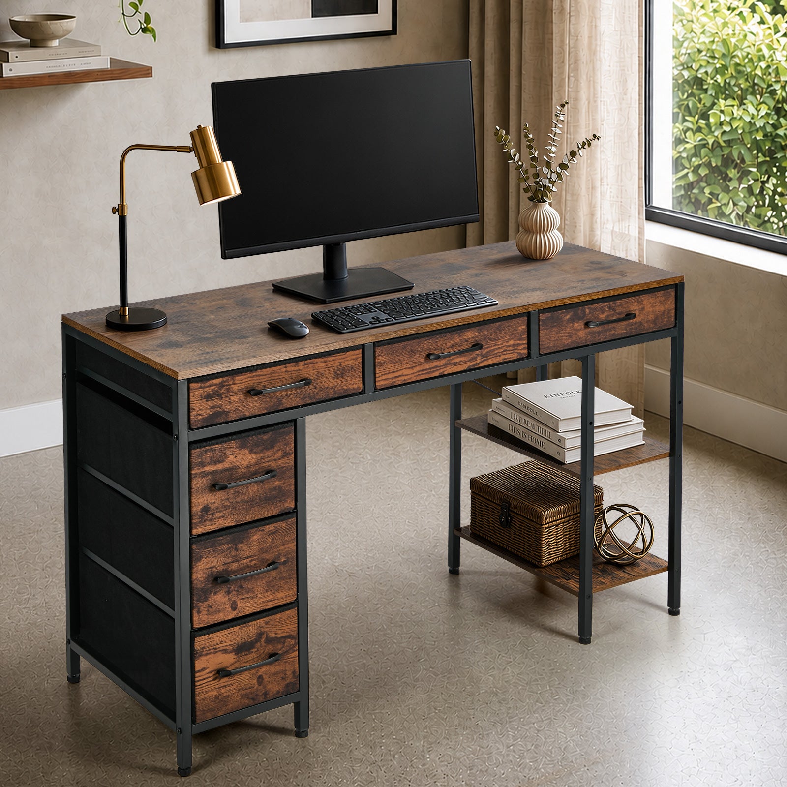 Oikiture Computer Desk with 6 Fabric Drawers Storage Shelves Gaming Table 120cm