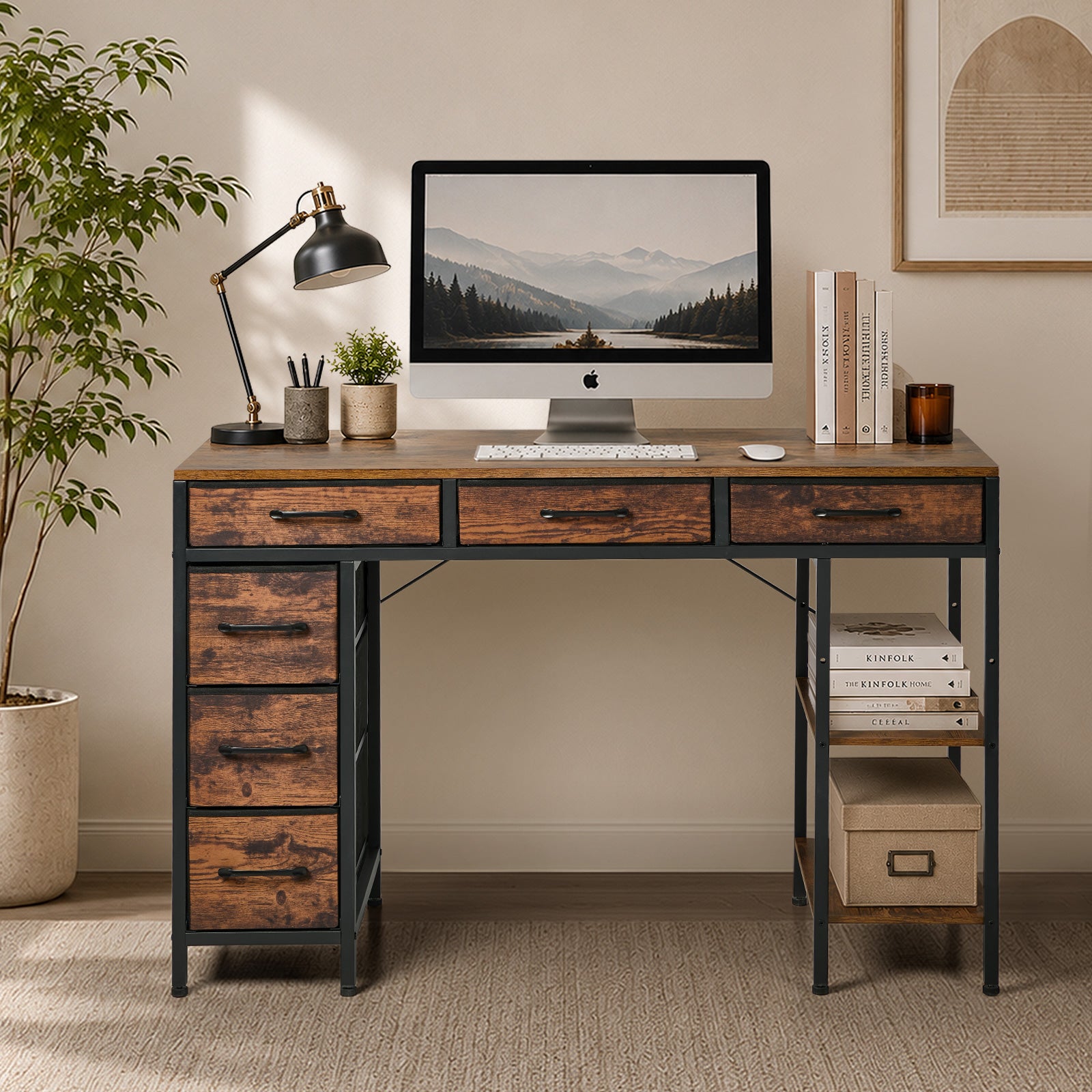 Oikiture Computer Desk with 6 Fabric Drawers Storage Shelves Gaming Table 120cm