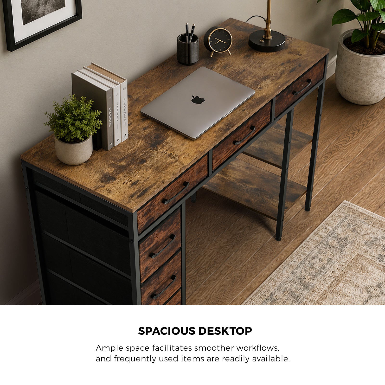 Oikiture Computer Desk with 6 Fabric Drawers Storage Shelves Gaming Table 120cm