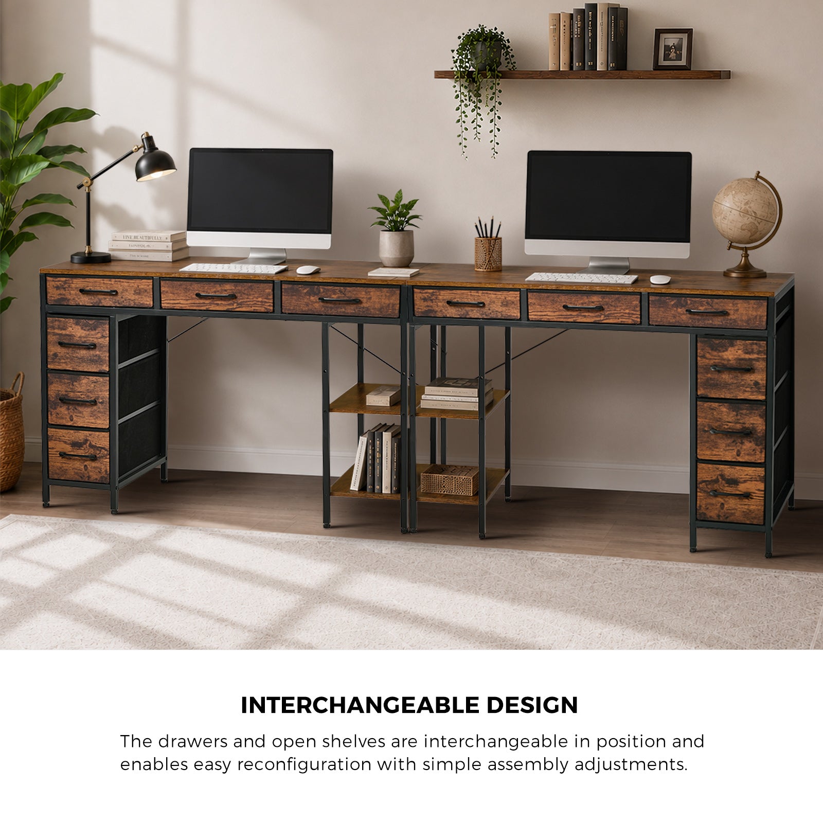 Oikiture Computer Desk with 6 Fabric Drawers Storage Shelves Gaming Table 120cm