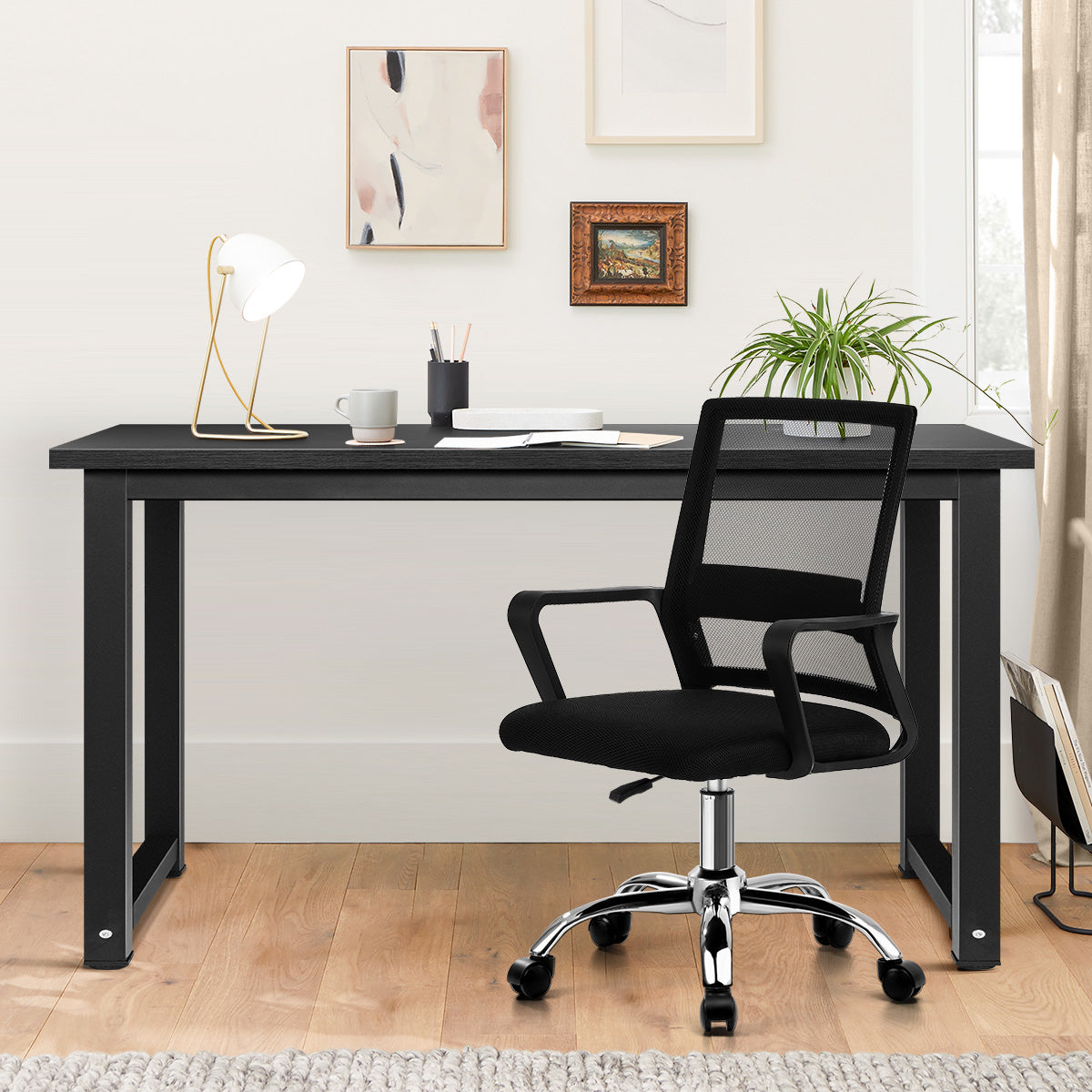 Oikiture Home Office Desk and Chair Set Black Study Work Gaming Computer Table