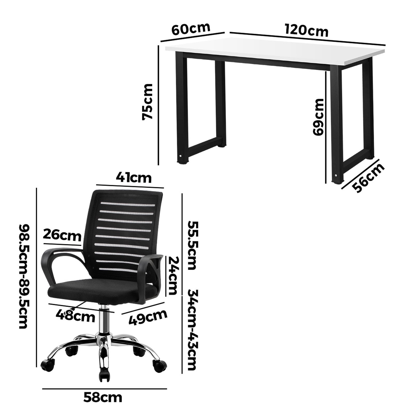 Oikiture Home Office Desk and Chair Set BK&WH Computer Desk Mesh Office Chair