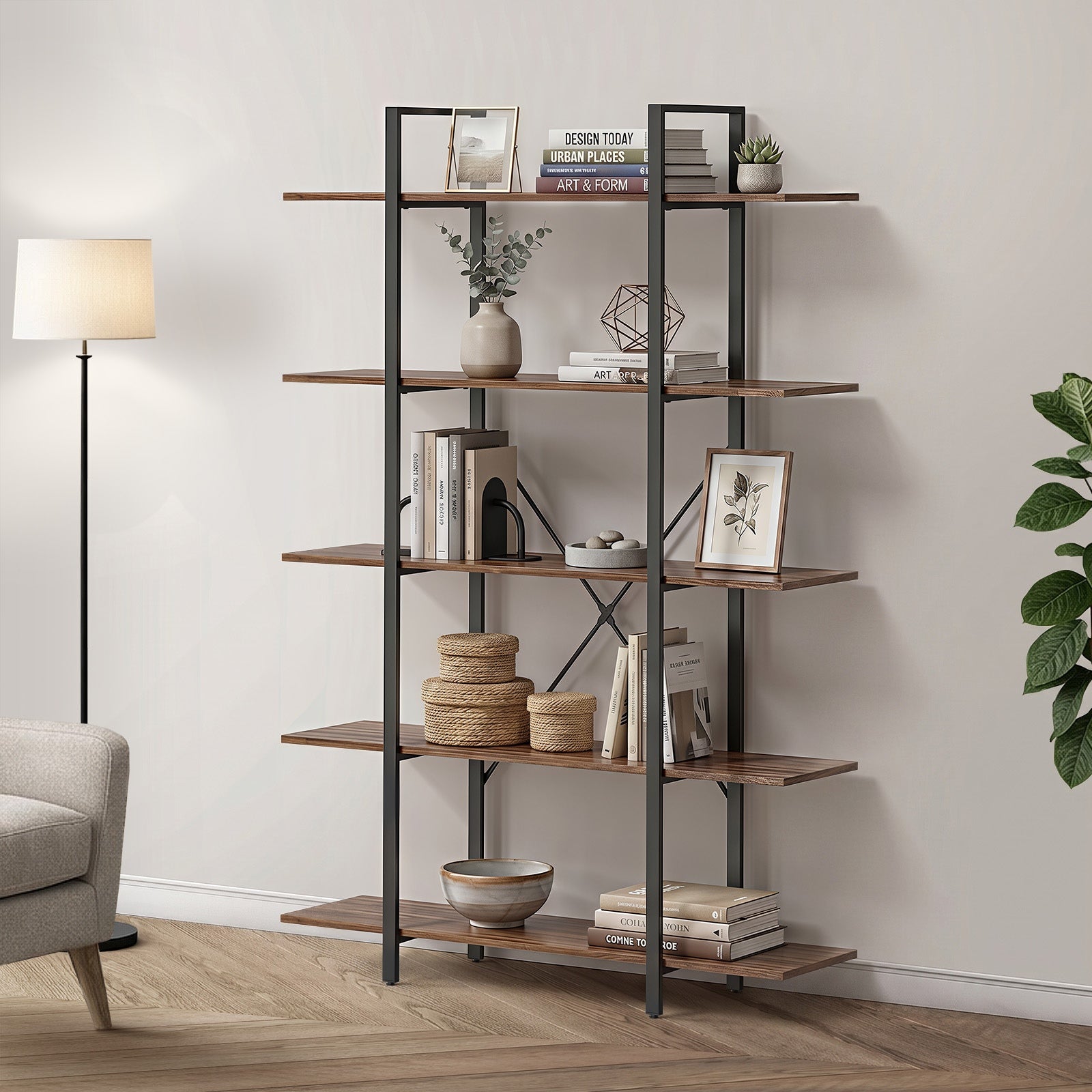 Oikiture 5 Tier Display Shelf Stand Bookshelf Metal Storage Industrial 1.2m - Sunyee