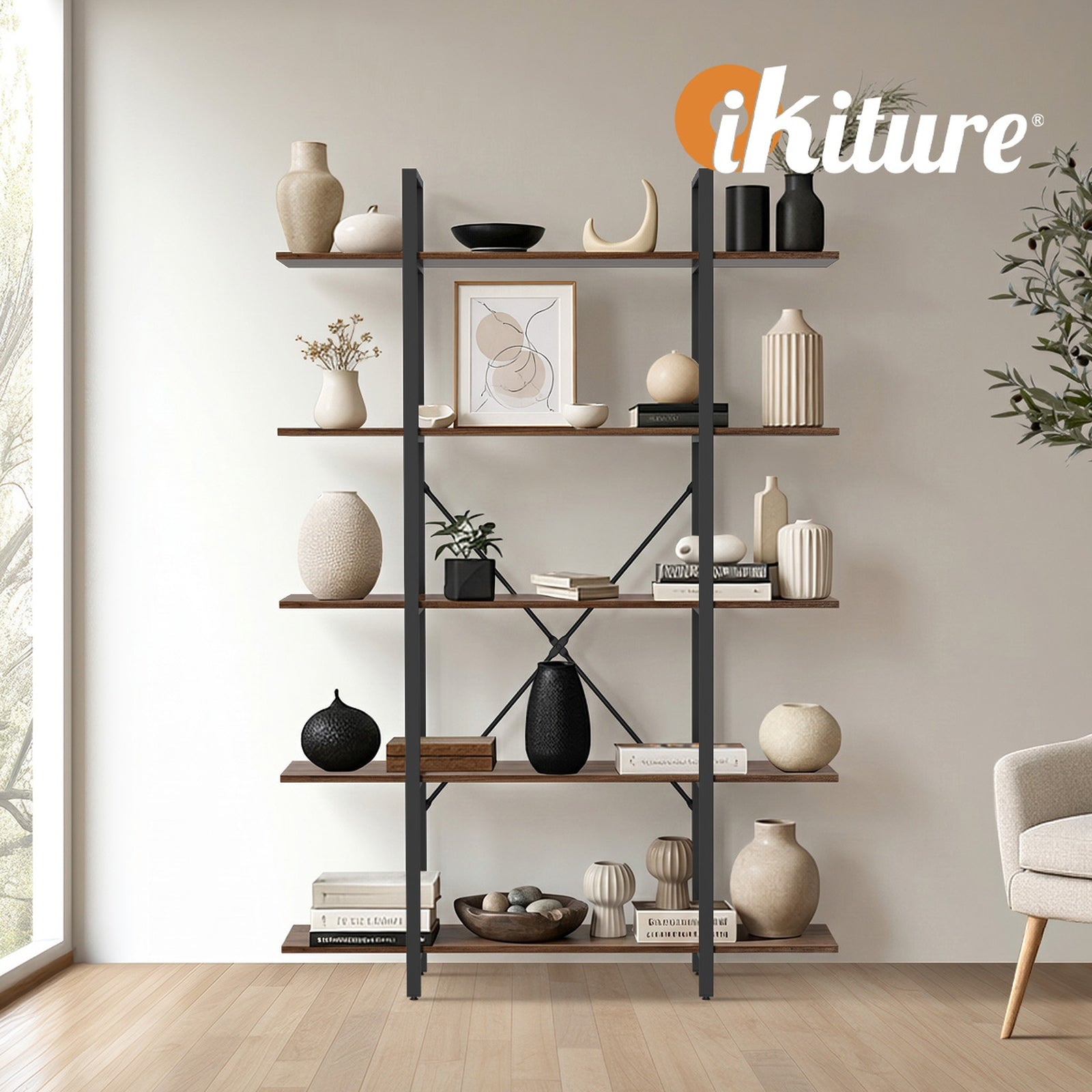 Oikiture 5 Tier Display Shelf Stand Bookshelf Metal Storage Industrial 1.2m - Sunyee
