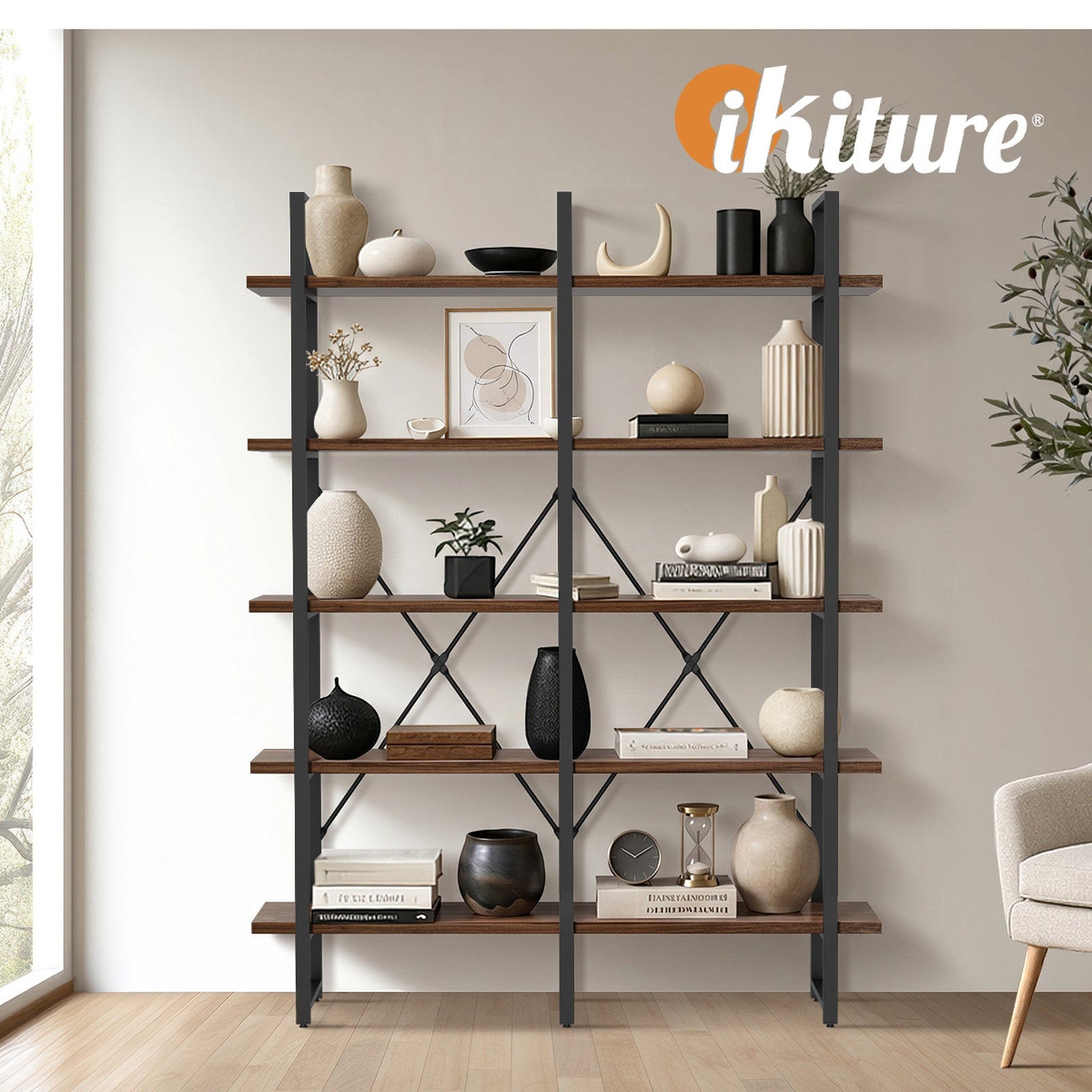 Oikiture 5 Tier Display Shelf Stand Bookshelf Metal Rack Industrial 1.35m - Sunyee