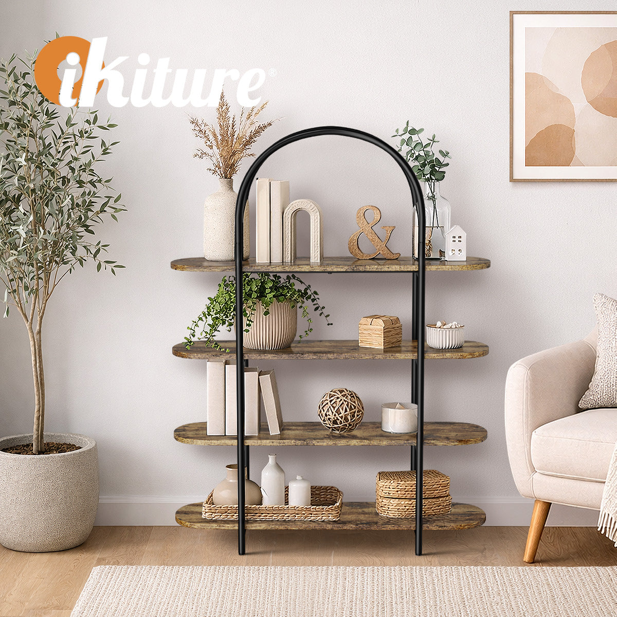 Oikiture Bookshelf 4 Tier Arched Display Shelf Home Industrial - Sunyee