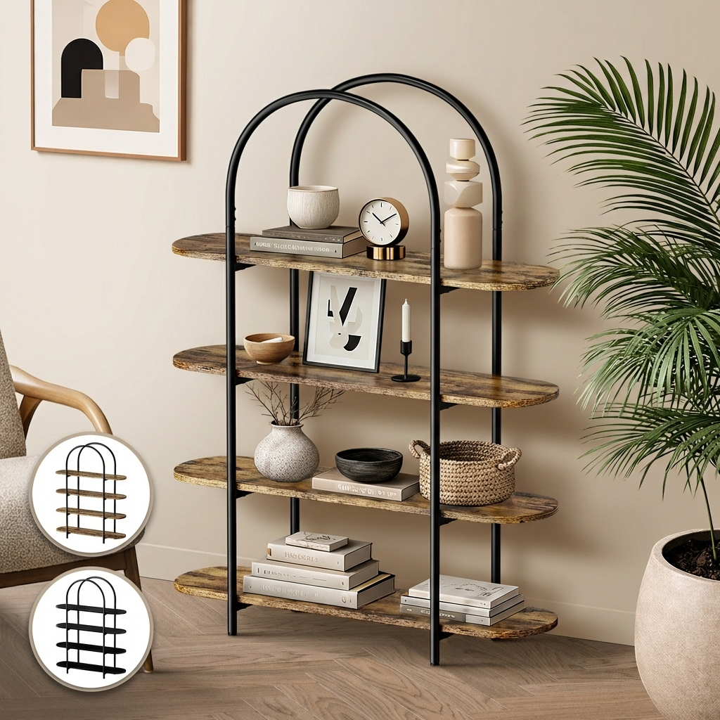 Oikiture Bookshelf 4 Tier Arched Display Shelf Home Industrial - Sunyee