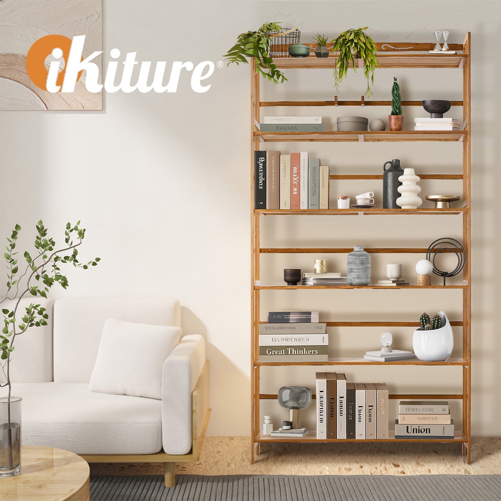 Oikiture 6-tier Bamboo Bookshelf Bookcase Adjustable Display Shelf Storage Rack - Sunyee