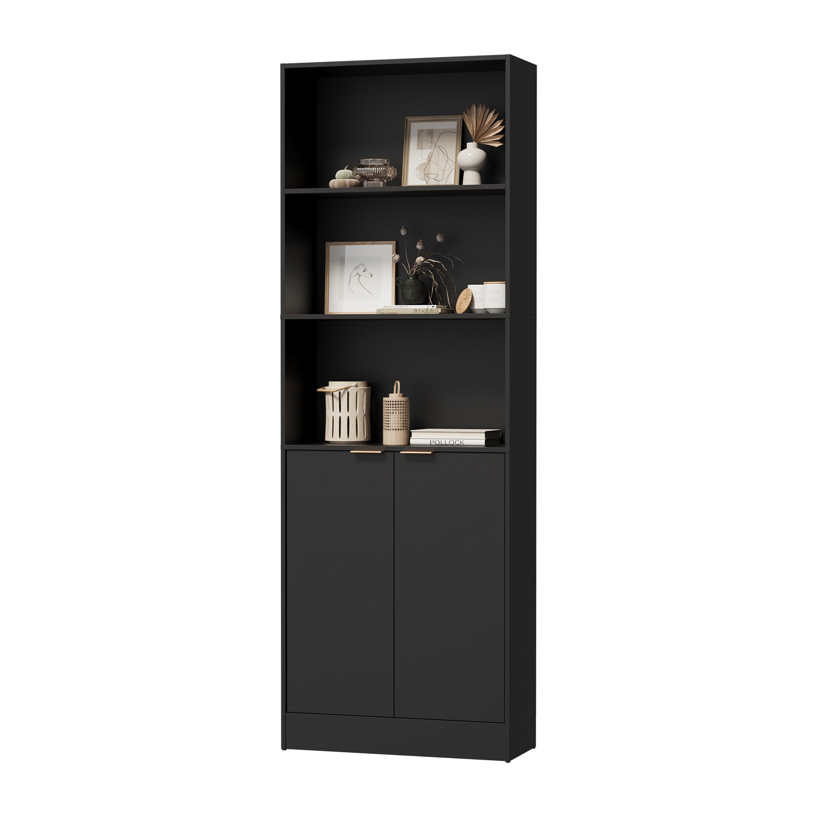Oikiture Tall Bookcase Display Shelf 2 Door Adjustable Storage Cabinet Black