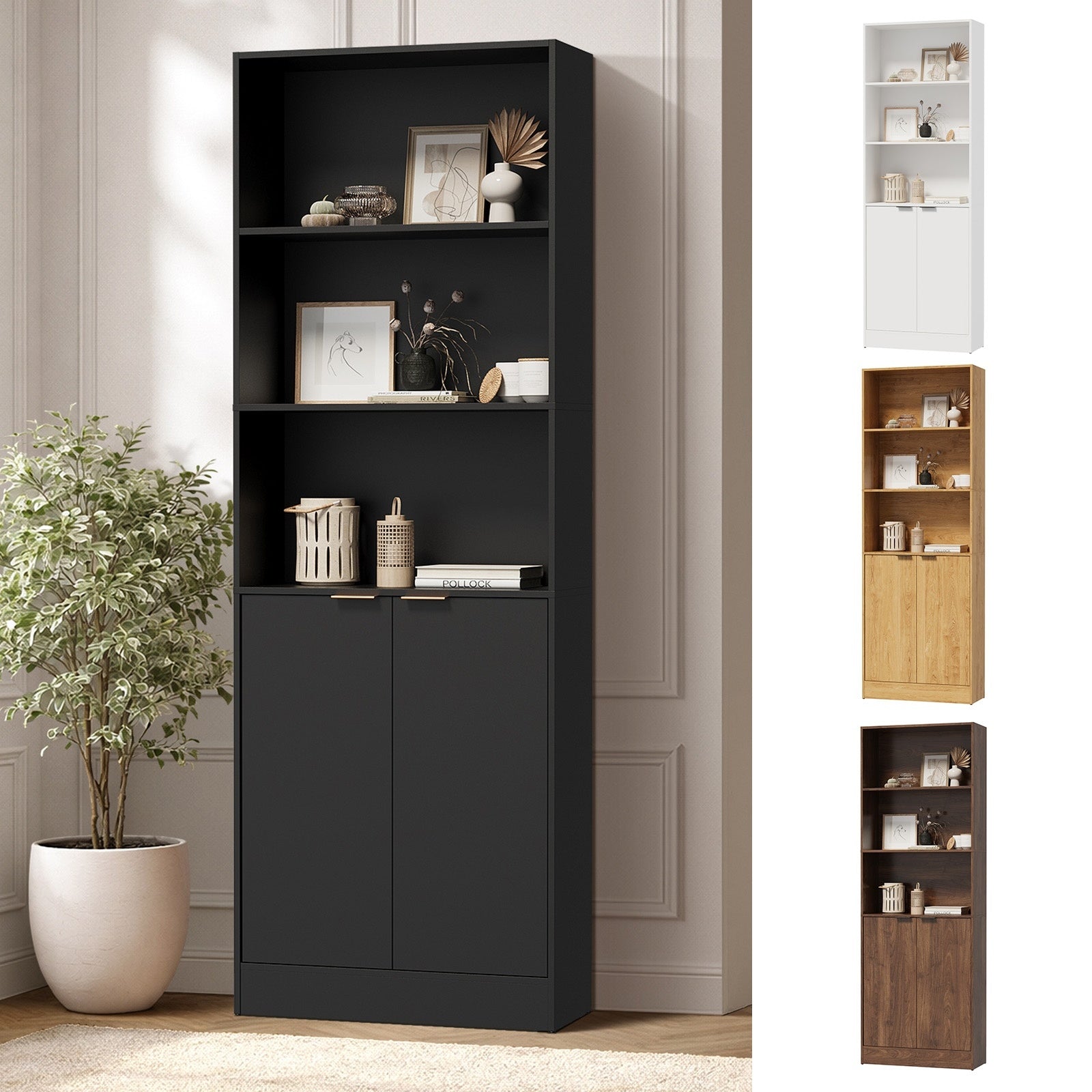 Oikiture Tall Bookcase 5 Tier Display Shelf 2 Door Adjustable Storage Cabinet