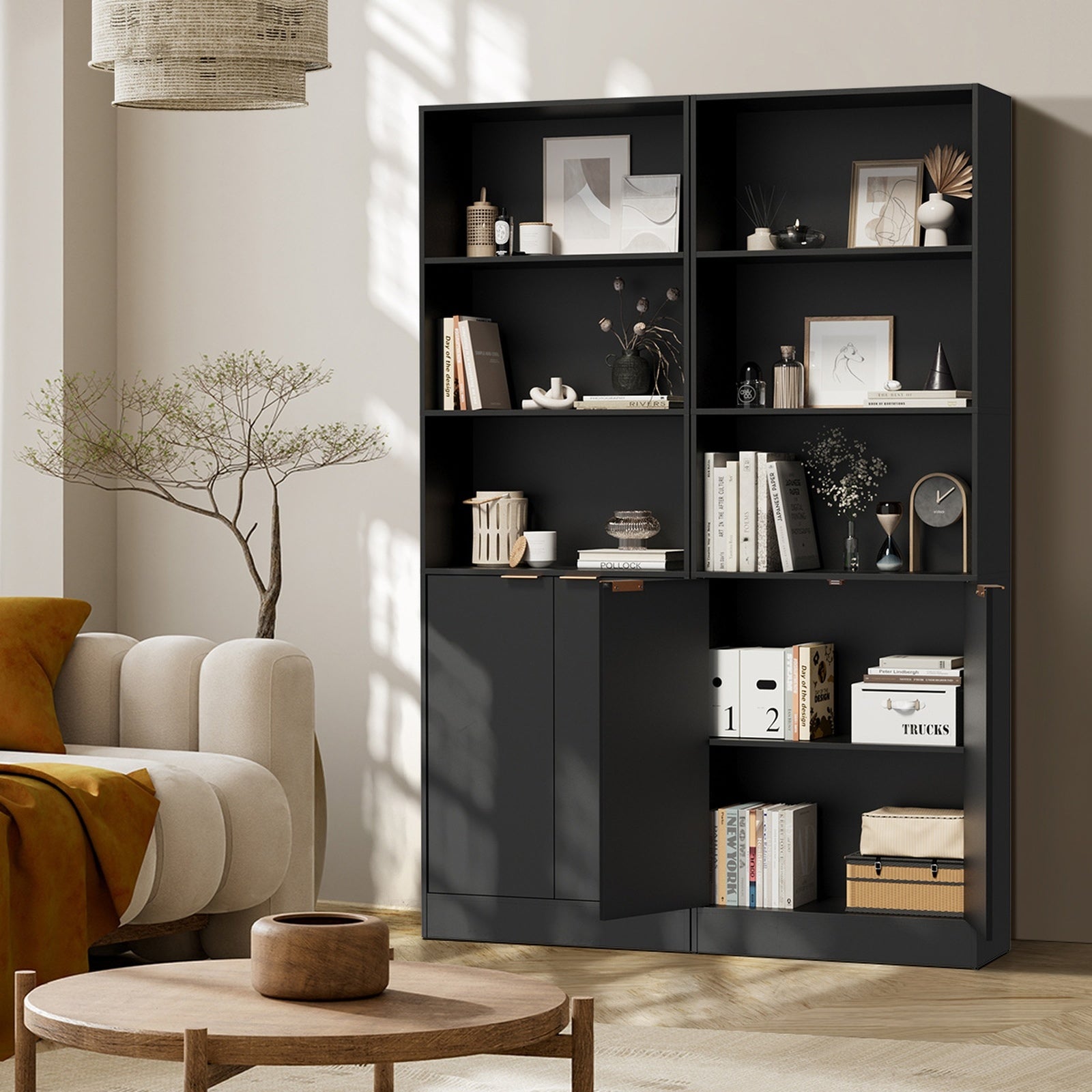 Oikiture Tall Bookcase 5 Tier Display Shelf 2 Door Adjustable Storage Cabinet