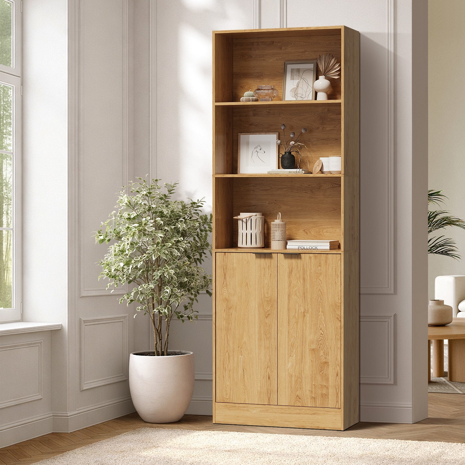Oikiture Tall Bookcase Display Shelf 2 Door Adjustable Storage Cabinet Natural