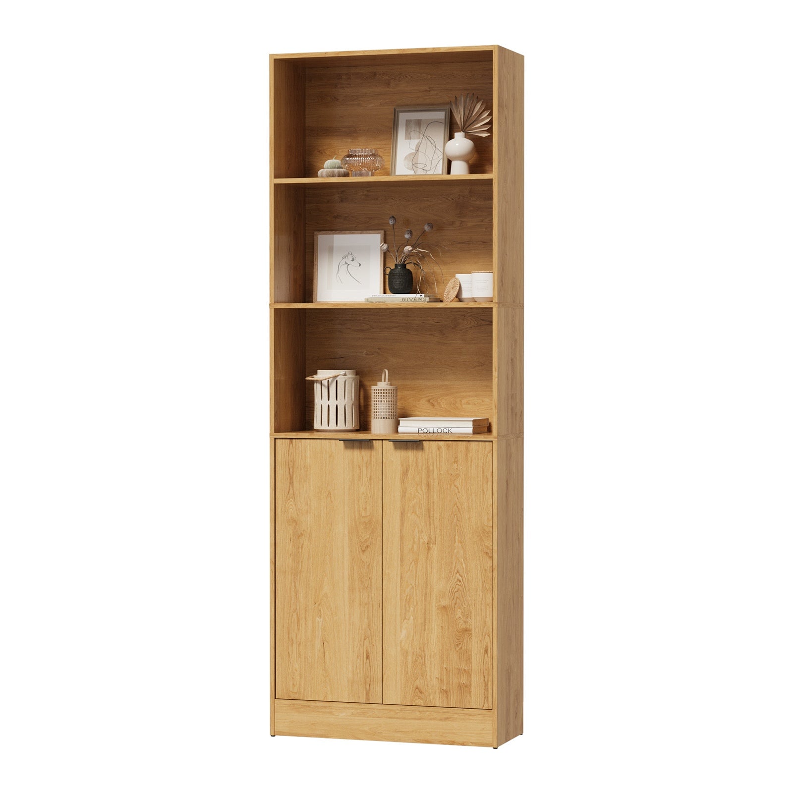 Oikiture Tall Bookcase Display Shelf 2 Door Adjustable Storage Cabinet Natural
