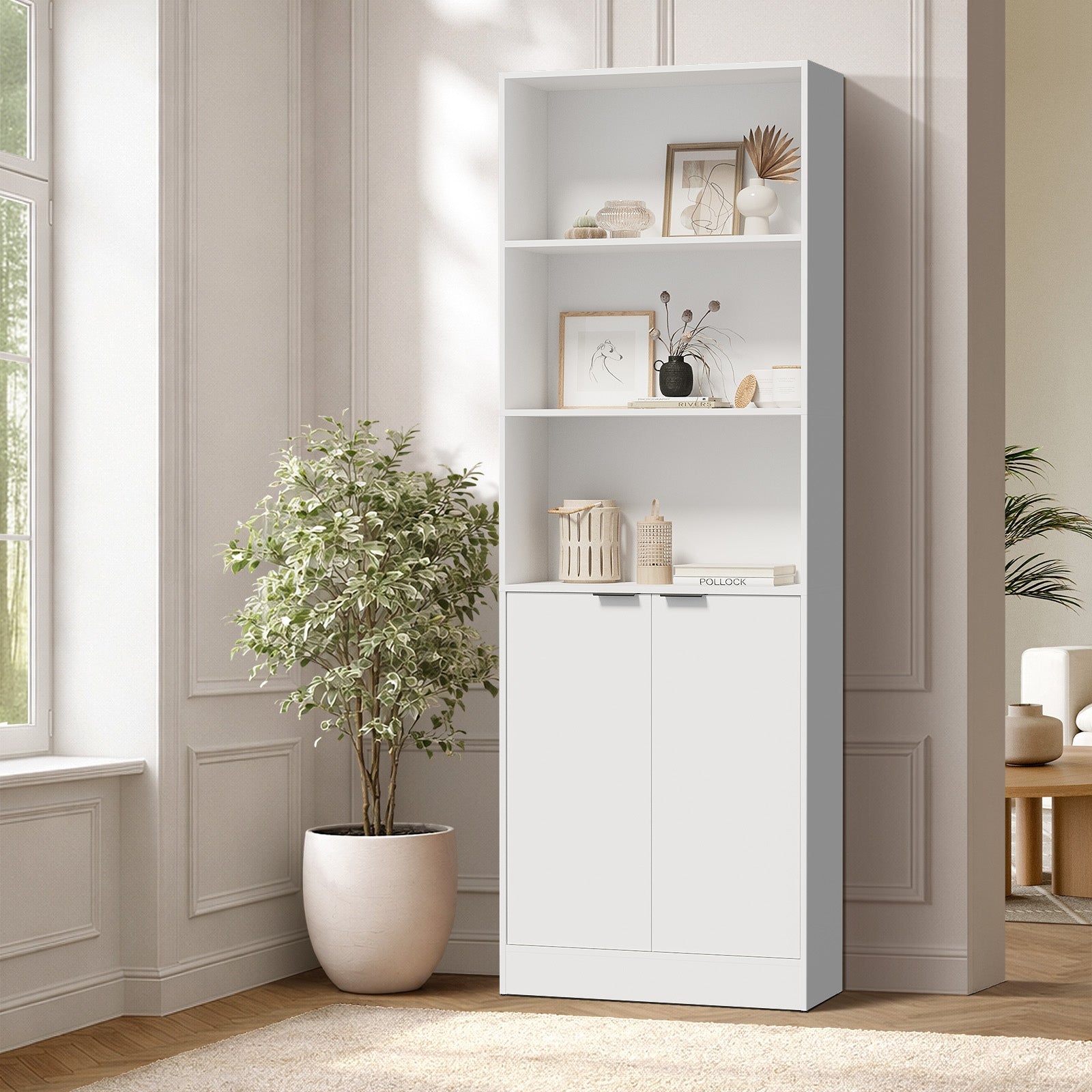 Oikiture Tall Bookcase 5 Tier Display Shelf 2 Door Adjustable Storage Cabinet