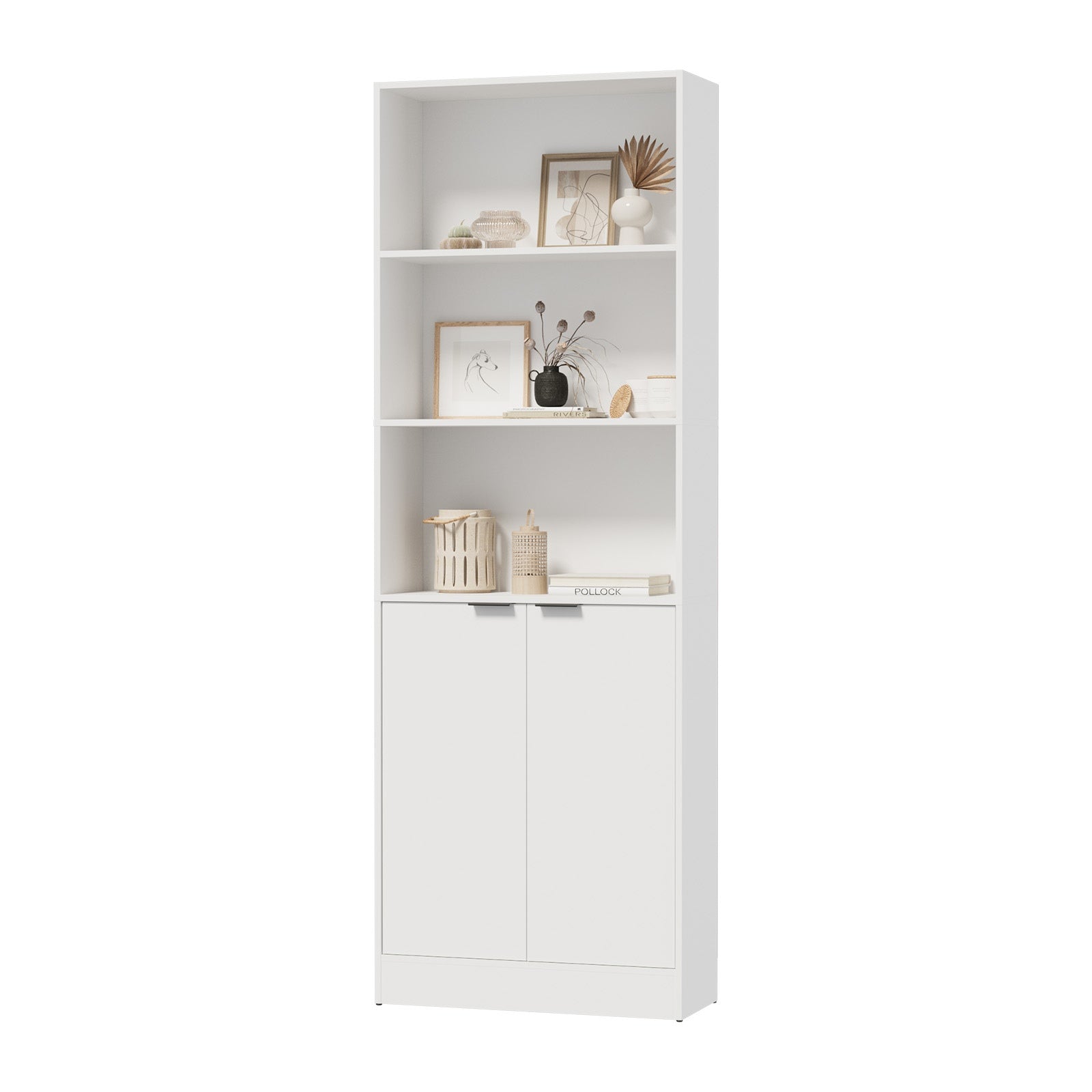 Oikiture Tall Bookcase 5 Tier Display Shelf 2 Door Adjustable Storage Cabinet