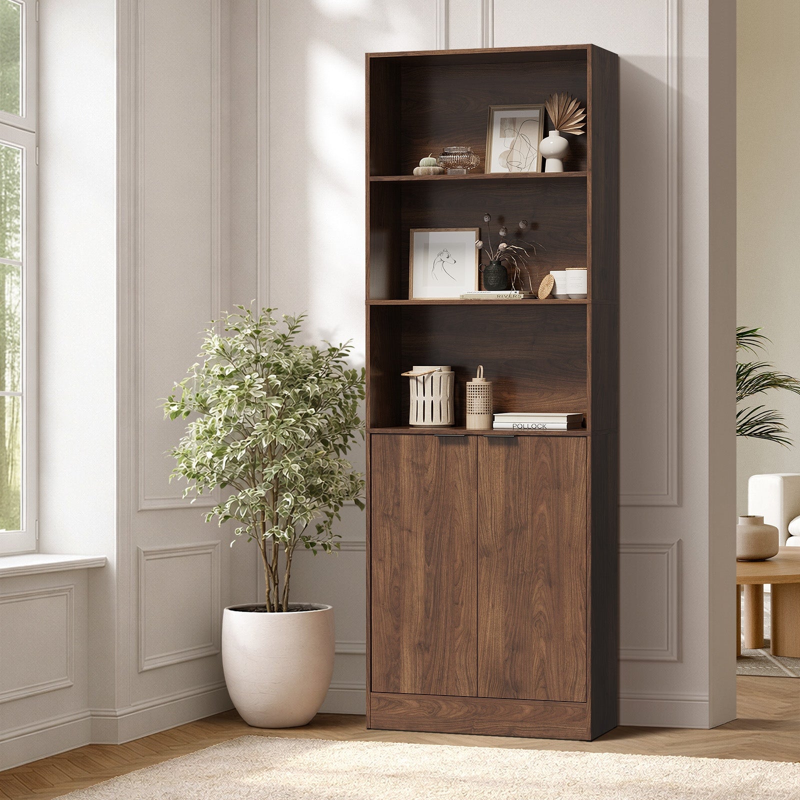 Oikiture Tall Bookcase Display Shelf 2 Door Adjustable Storage Cabinet Walnut