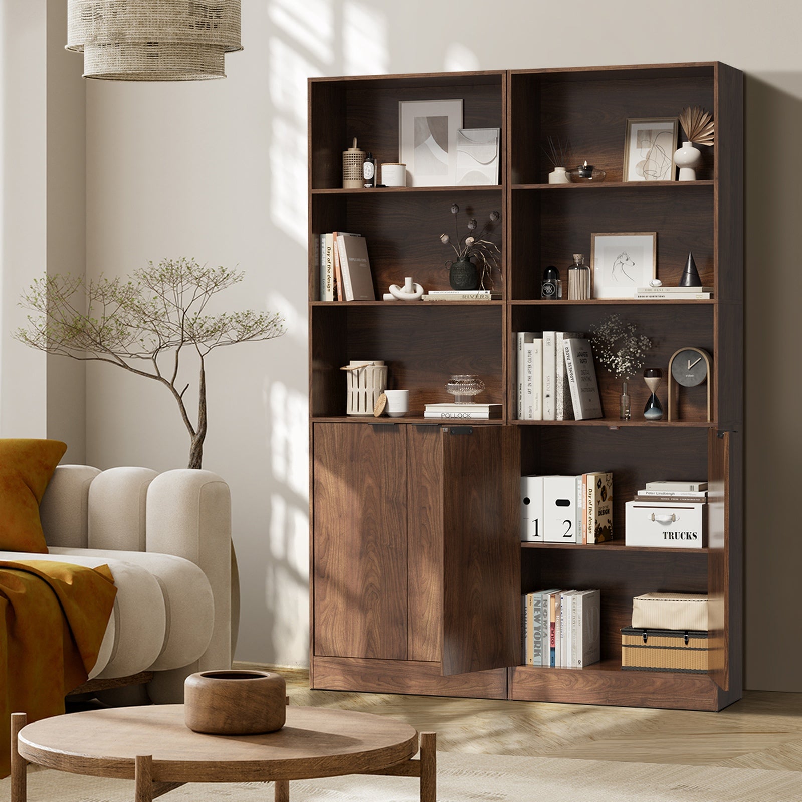 Oikiture Tall Bookcase Display Shelf 2 Door Adjustable Storage Cabinet Walnut