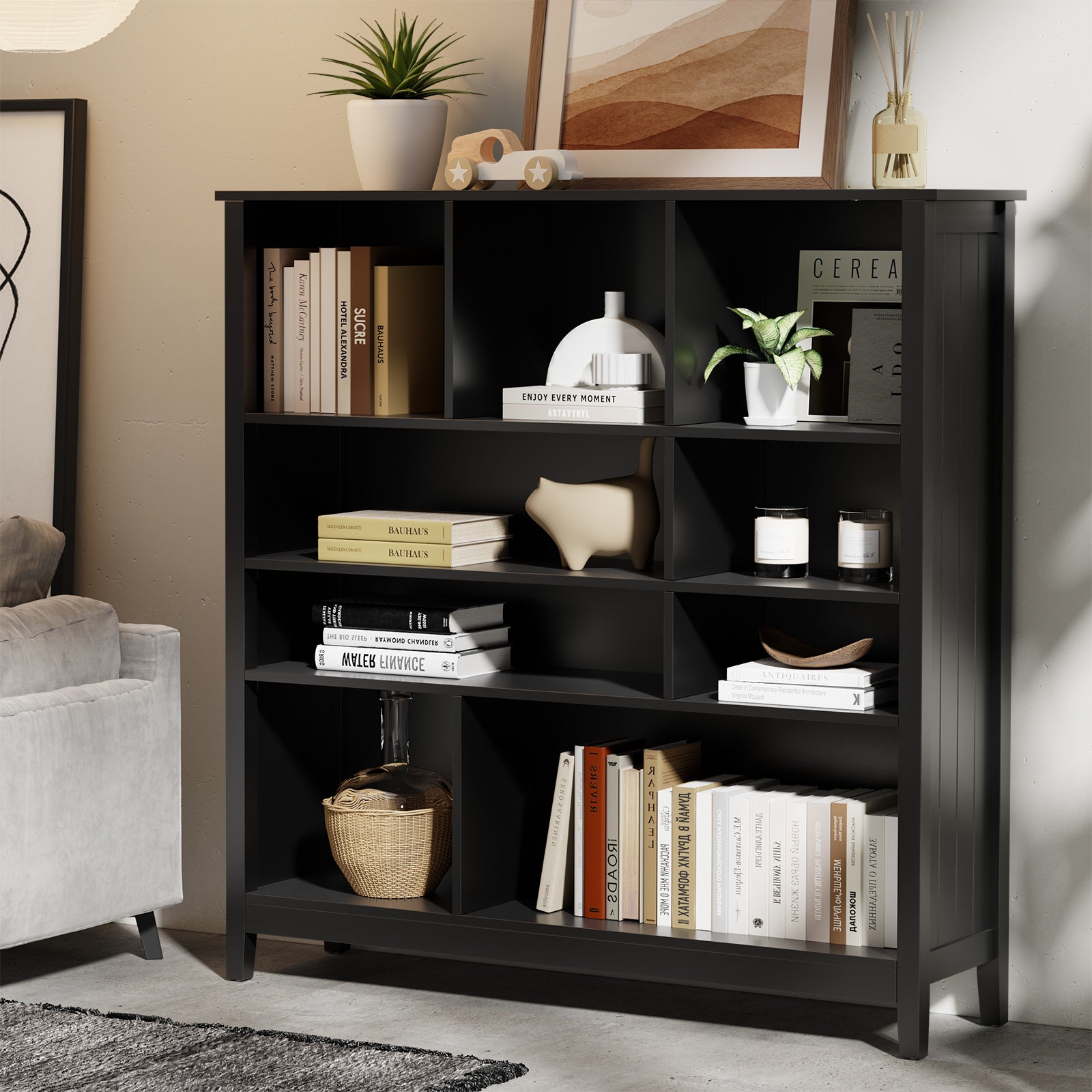 Oikiture Bookshelf Bookcase Display Shelf 4-Tier Storage Cabinet Black - Sunyee