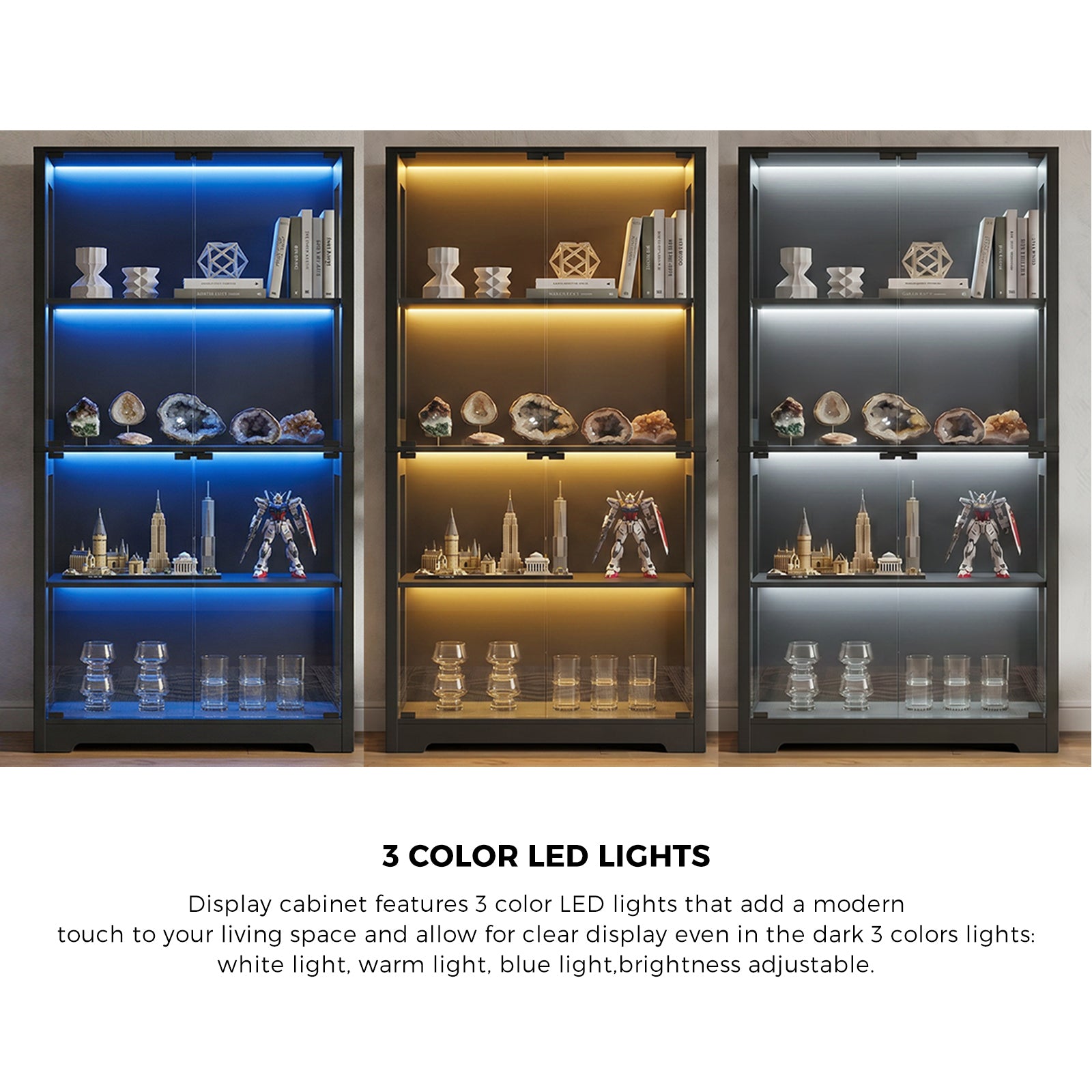 Oikiture 4 Tier Glass Display Cabinet LED Light Bookcase Stand Storage Black