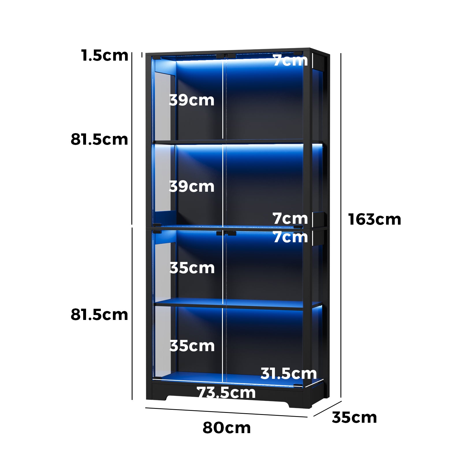 Oikiture 4 Tier Glass Display Cabinet LED Light Bookcase Stand Storage Black