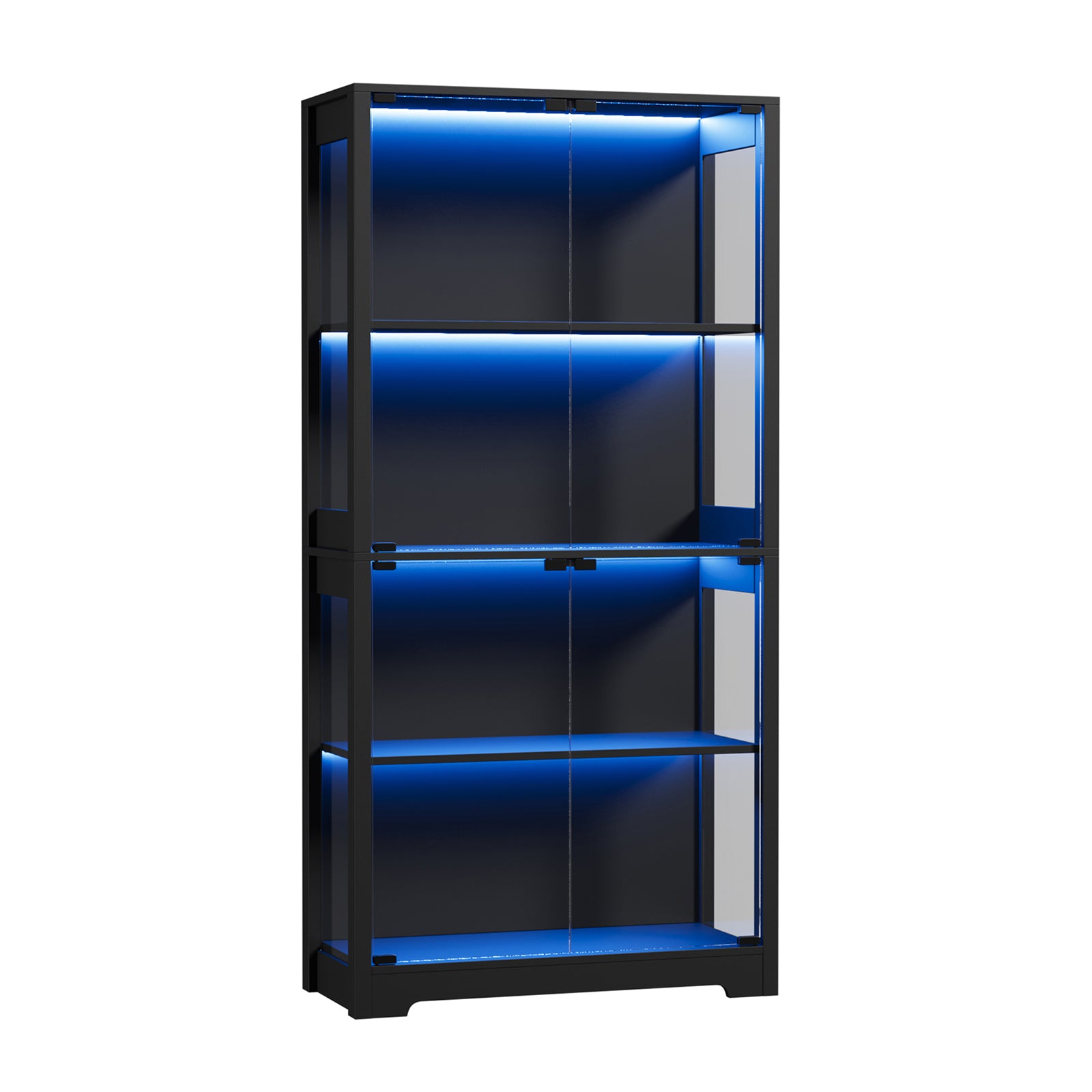 Oikiture 4 Tier Glass Display Cabinet LED Light Bookcase Stand Storage Black