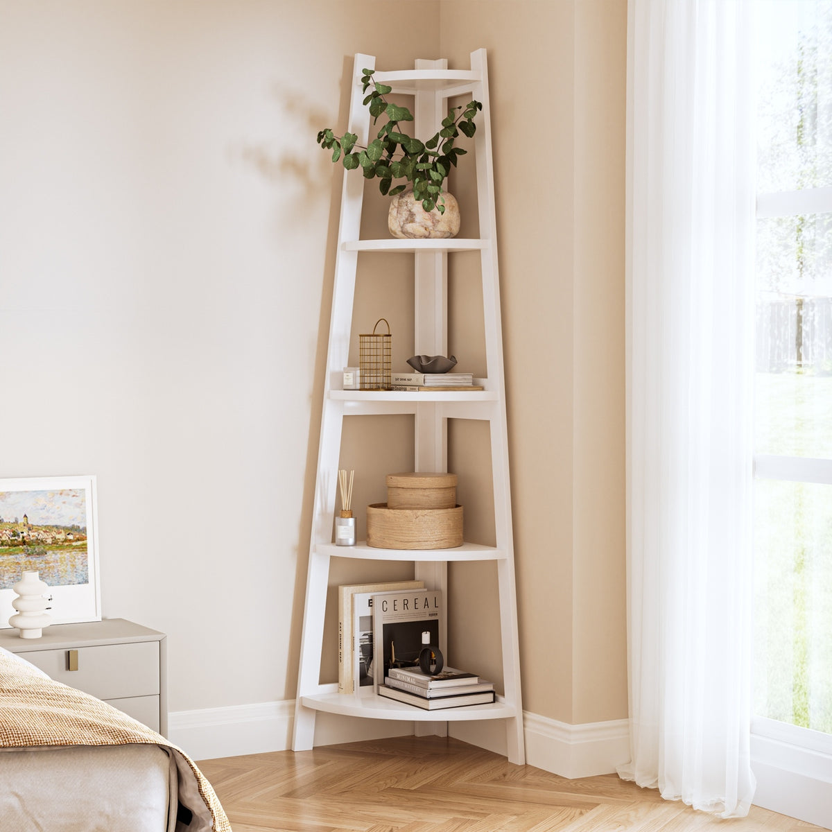 Oikiture Corner Ladder Shelf 5 Tier Home Storage Display Stand Bookshelf White - Sunyee