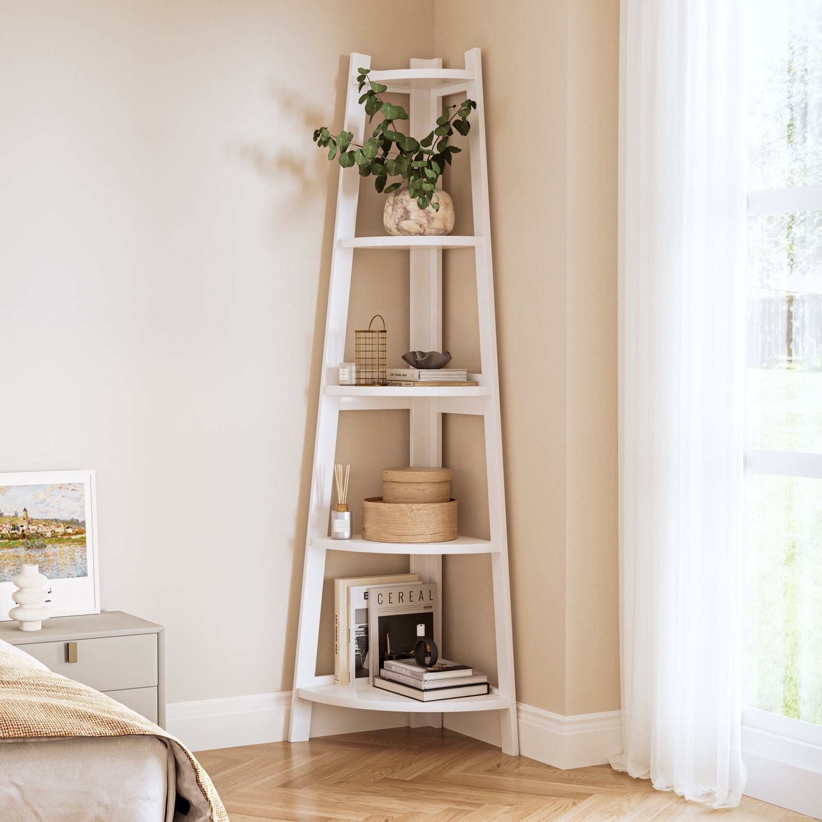 Oikiture Corner Ladder Shelf 5 Tier Bookshelf Display Rack Plant Stand - Sunyee