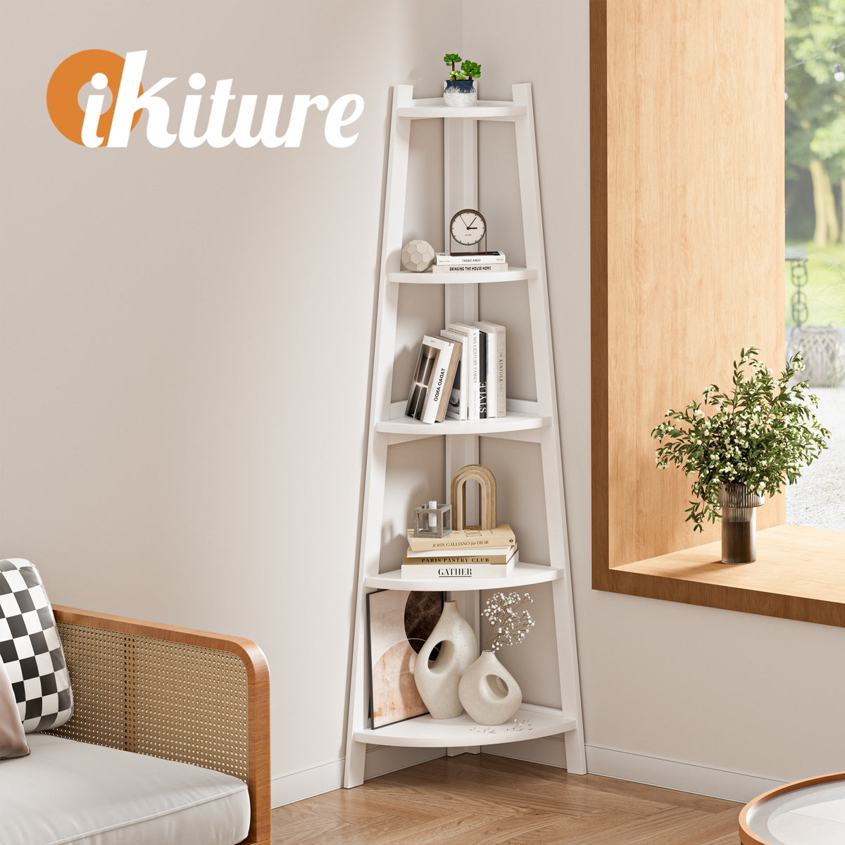 Oikiture Corner Ladder Shelf 5 Tier Home Storage Display Stand Bookshelf White - Sunyee